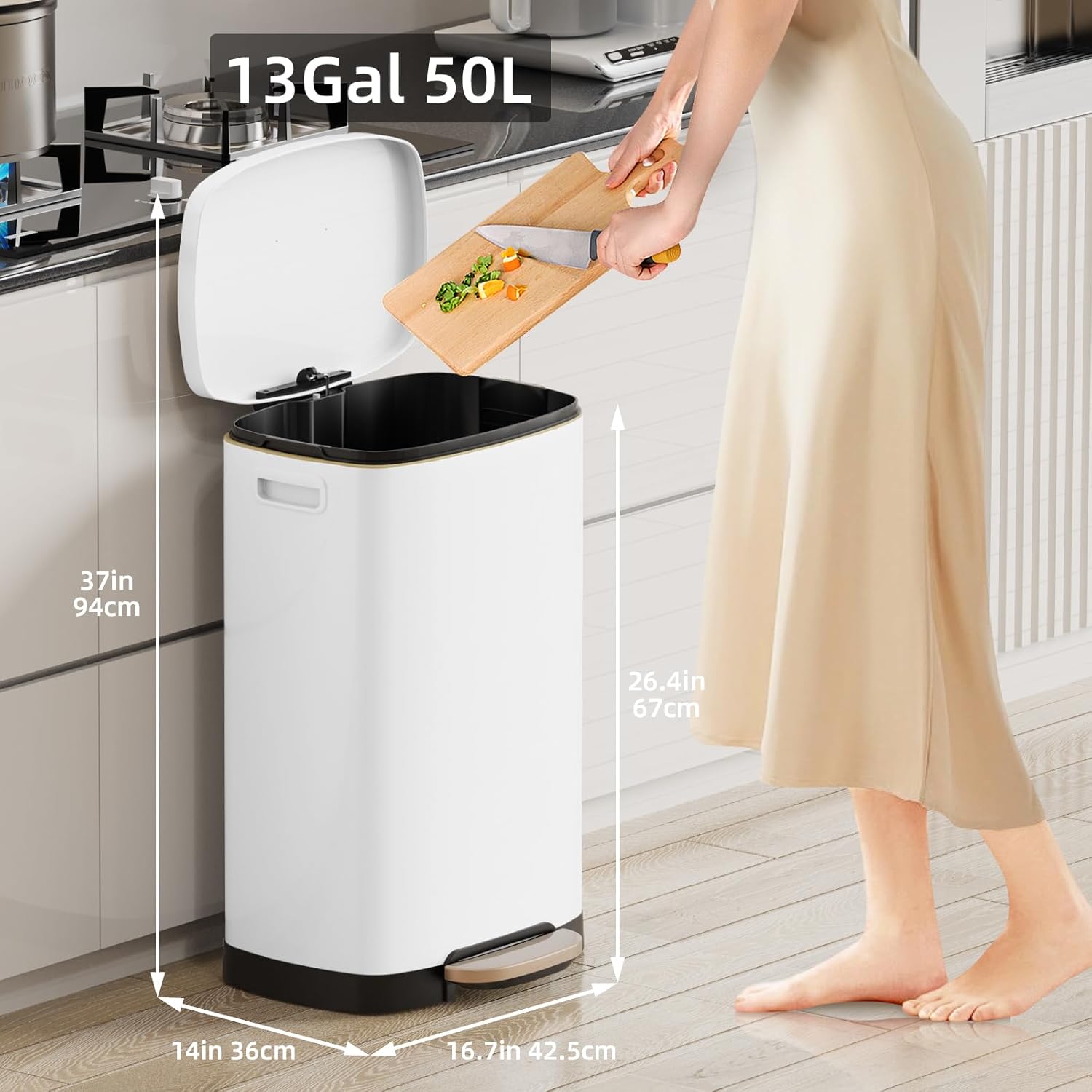 KUK 13 Gallon Kitchen Trash Can with Lid, 50L/13Gal Office Step Garbage Can for Home, Kitchen, Laundry Room, Office, Brushed Stainless Steel, White
