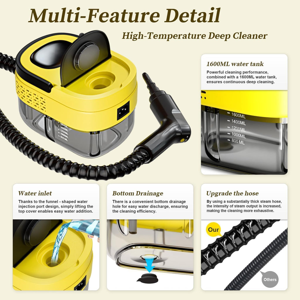 Steam Cleaner,15s Heat-Up,1.6L Tank,3-Level Adjustable Handle,2500W Steamer for Cleaning,Portable Steamer for Cleaning with 16PCS Accessories,Steam Cleaner for Home,Car,Dirt,Grease,Grout,Tile,Couch