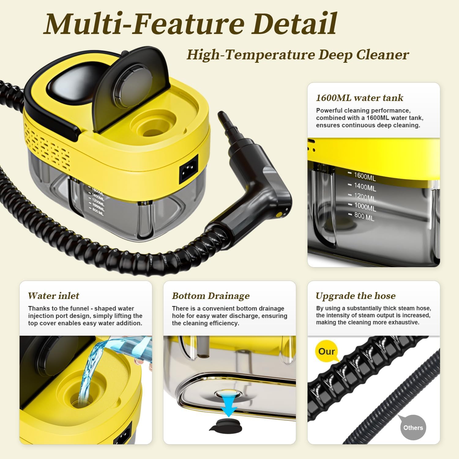 Steam Cleaner,15s Heat-Up,1.6L Tank,3-Level Adjustable Handle,2500W Steamer for Cleaning,Portable Steamer for Cleaning with 16PCS Accessories,Steam Cleaner for Home,Car,Dirt,Grease,Grout,Tile,Couch