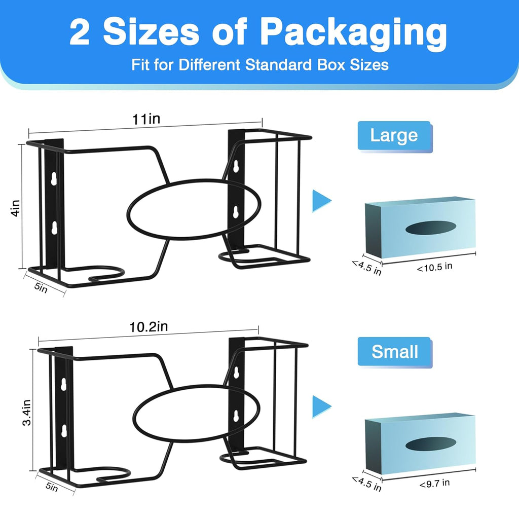Glove Box Holder for Wall Mount, 2 Pack Disposable Glove Dispenser, Metal Box Organizer for Rubber Latex Gloves Organizer Facial Tissue - Two Size (Large+Small)