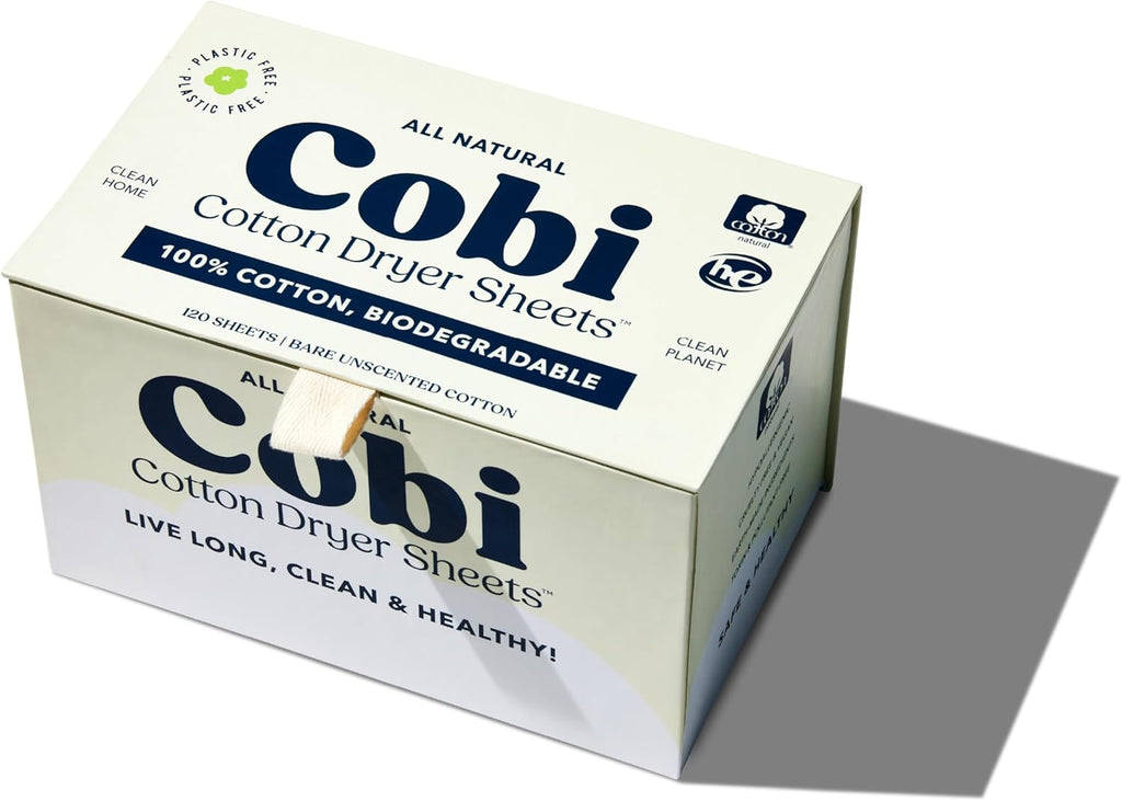 Cobi Eco-Friendly Dryer Sheets - 100% Cotton Biodegradable Non-Toxic & Unscented for Sensitive Skin, Clean Plant-Based Static Control, 120 Count