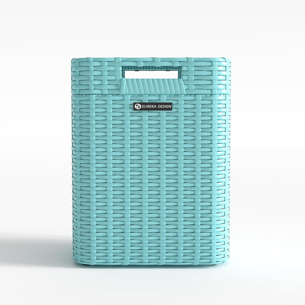 Ypati Handwoven 4 Gallon Rattan Trash Can with Lid, Boho Style Decorative Indoor and Outdoor Trash Bin with Shelf, Waste Basket for Bathroom, Kitchen, Patio, with Trash Bags, Turquoise Blue, Eureka