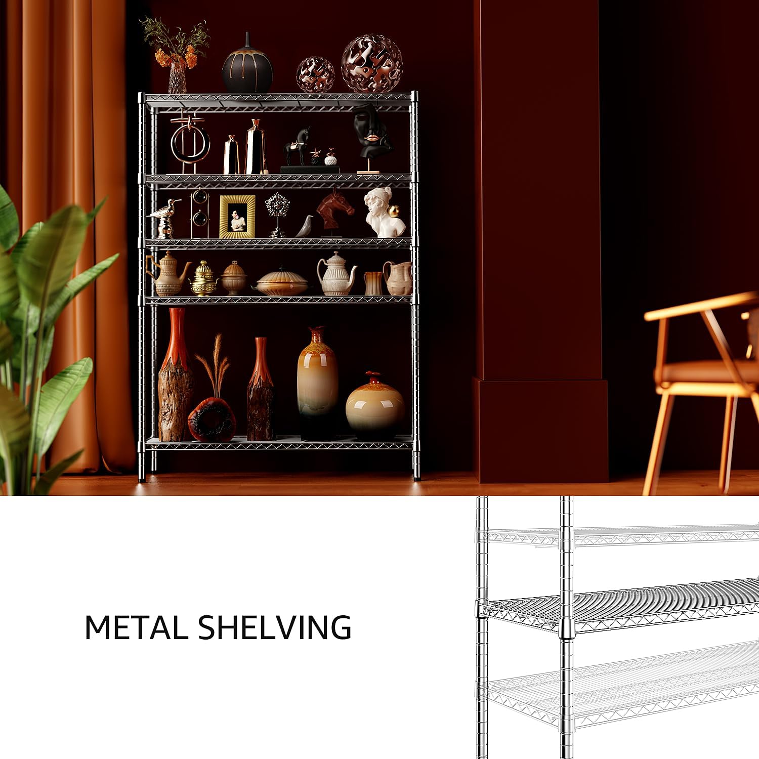 IZEUK 4250 LBS Garage Shelving Wide Storage Shelves 5 Tier Metal Shelves Heavy Duty Adjustable Utility Shelf Rack Chrome 17.7" D x 59.1" W x 70.4" H