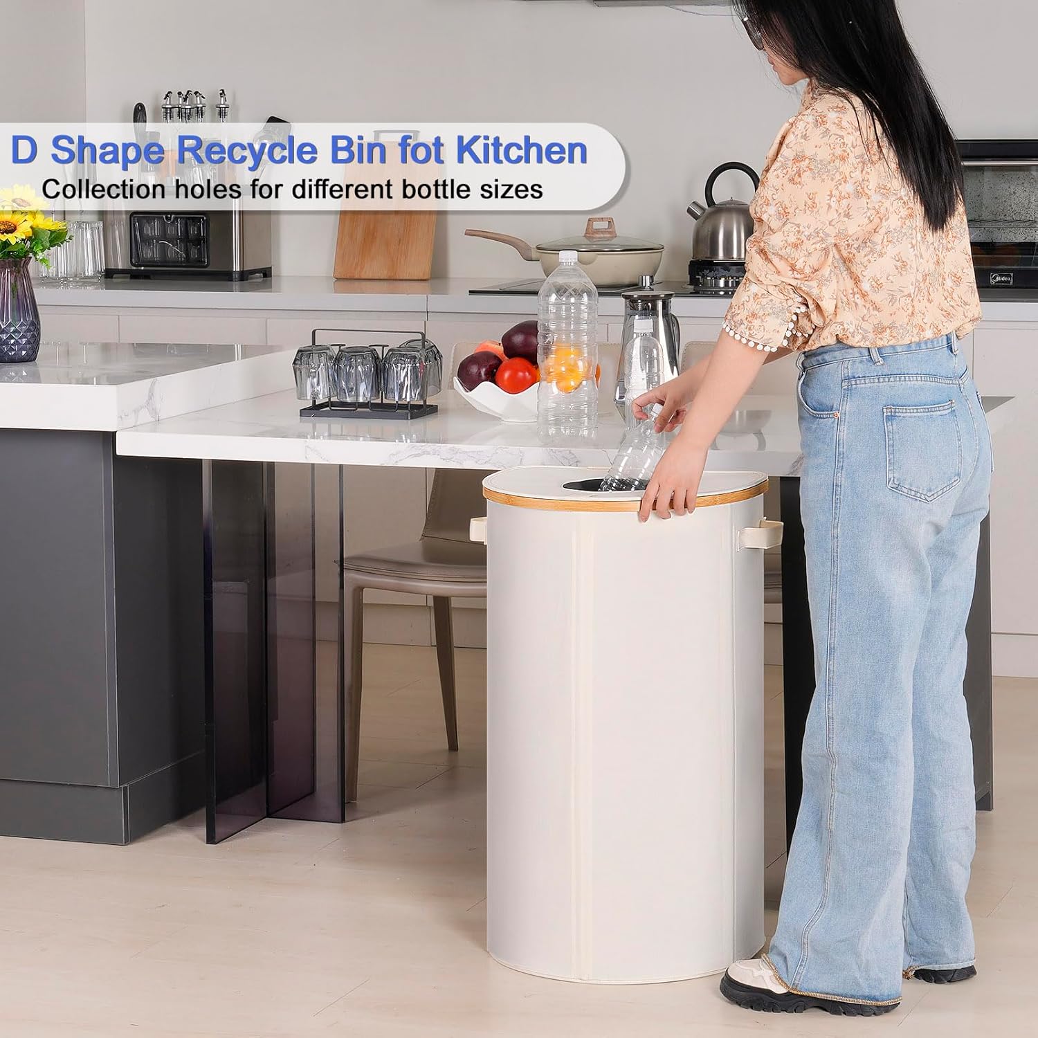 Efluky Recycling Bin 100L, 26 Gallon, Beige, D-Shaped, Oxford Fabric, 17.32"L x 12.9"W x 11.46"H, 2 Removable Inner Bags, Lightweight, Open-Top, Cycling, Kitchen