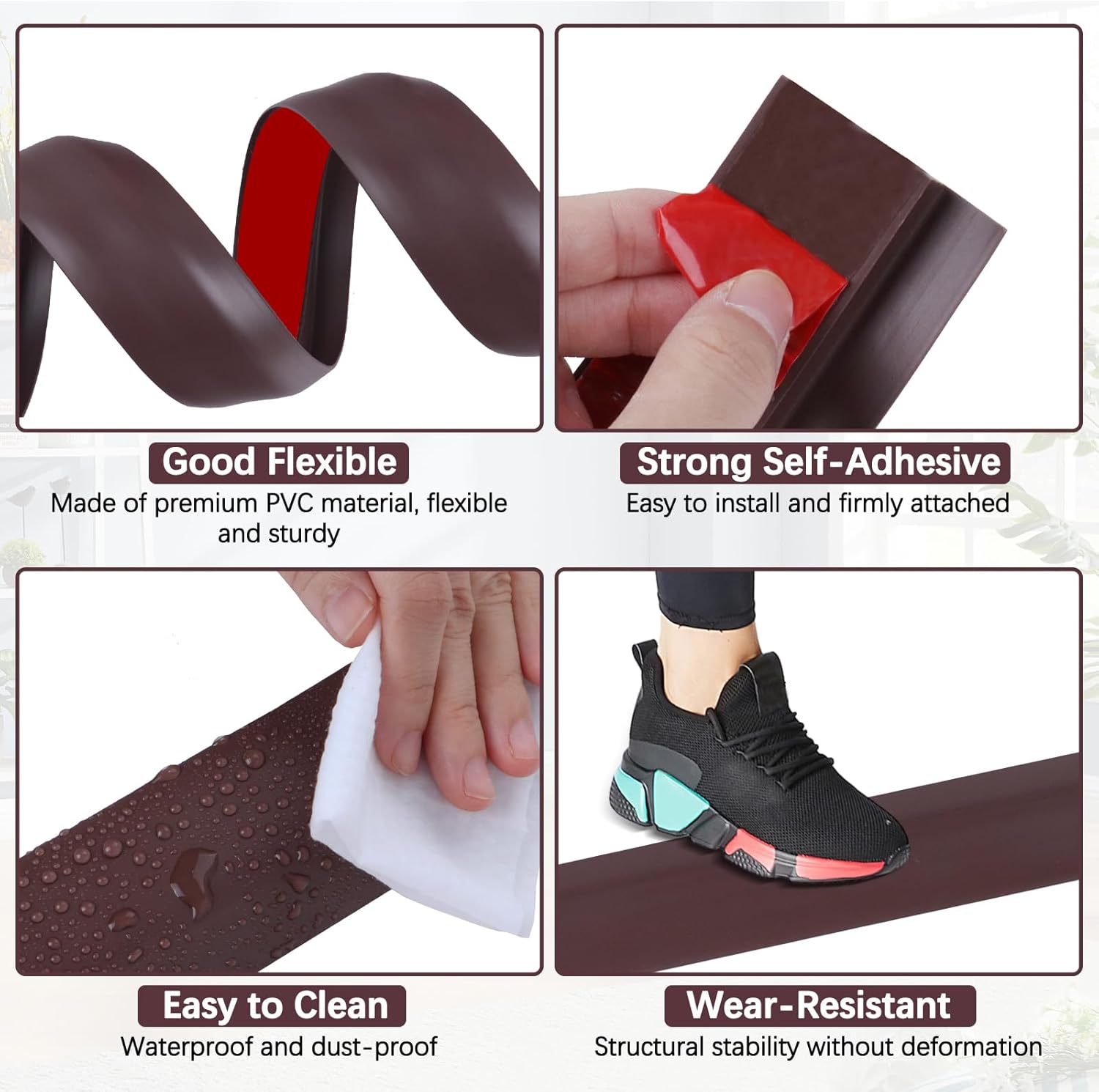 Vinyl Door Threshold Flooring Transition Strip Self Adhesive Carpet Edging Strip for Laminate Doorway Edge Threshold from 3/5" to 4/5" (Coffee, 10 Ft)