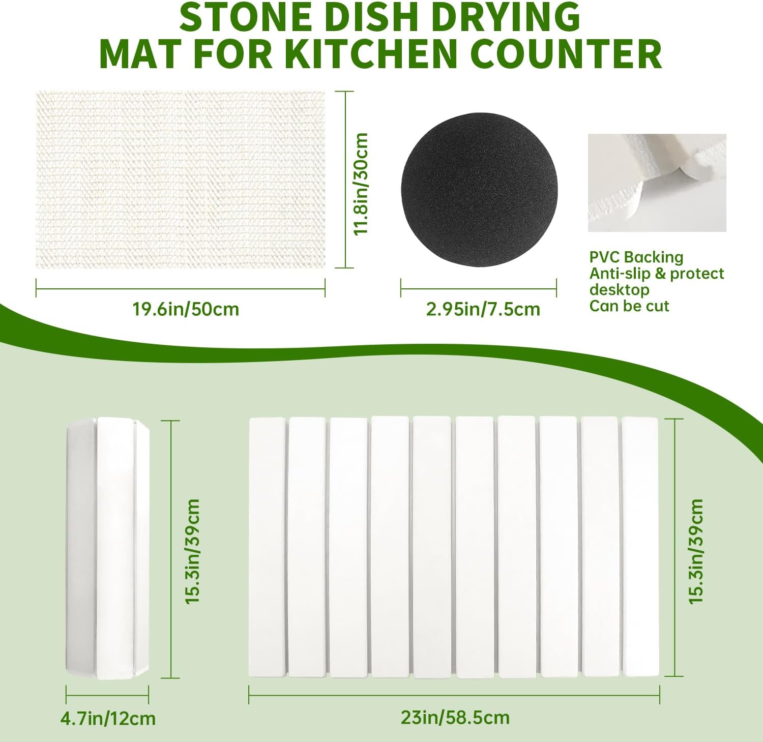 Stone Drying Mat for Kitchen Counter Square, 23.62"x15.35", Collapsible Quick Dry Dish Drying Mat, Absorbent Diatomaceous Earth Pads Match Any Countertop for Dishes Kitchen and Bathroom