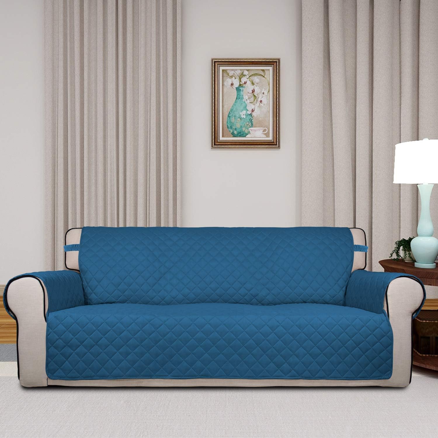 PureFit Reversible Quilted Sofa Cover, Water Resistant Slipcover Furniture Protector, Washable Couch Cover with Non Slip and Elastic Straps for Kids, Pets (Sofa, Peacock Blue/Beige)