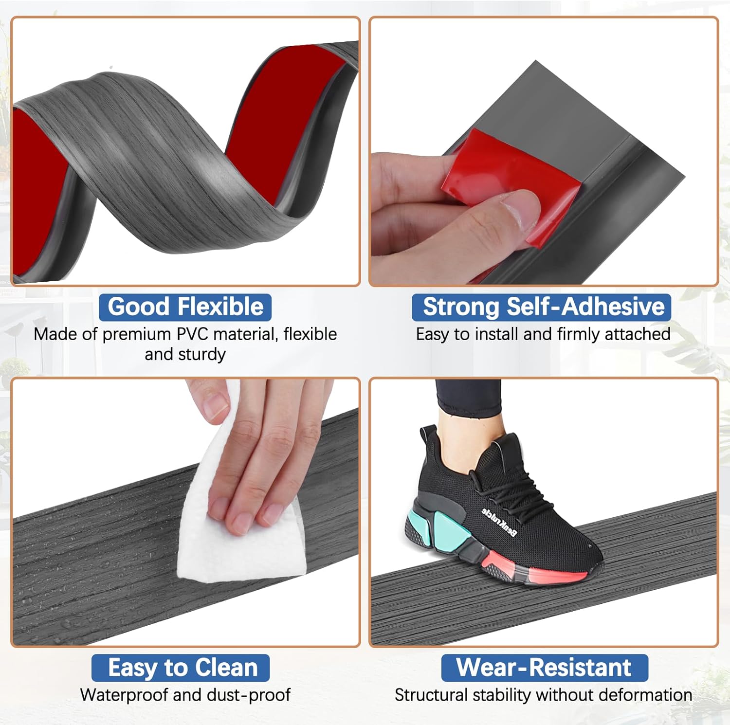 Vinyl Door Threshold Flooring Transition Strip Self Adhesive Carpet Edging Strip for Laminate Doorway Edge Threshold from 1/5" to 2/5" (Dark Gray Wood Grain, 3.3 Ft)