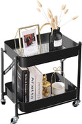 2-Tier Metal Folding Rolling Cart, Mobile Utility Cart Trolley Storage Organizer for Office Home Kitchen Organization, Sofa Side End Table with Wheels, Black