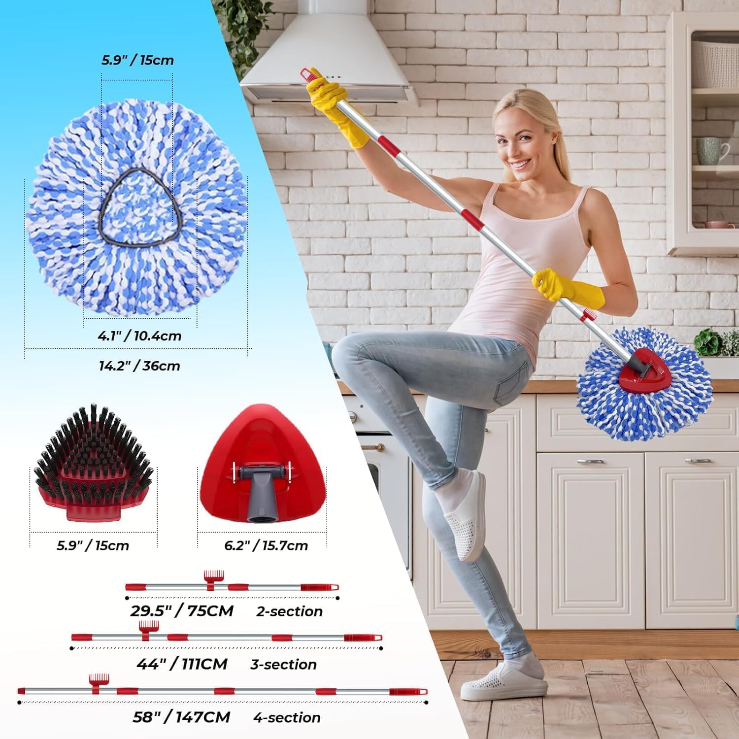 Spin Mop Head and Brush Replacement Compatible with O Cedar RinseClean 2-Tank System, 4 Mop Replace Heads, 1 Handle, 1 Base and 1 Scrub Brush Combo Set