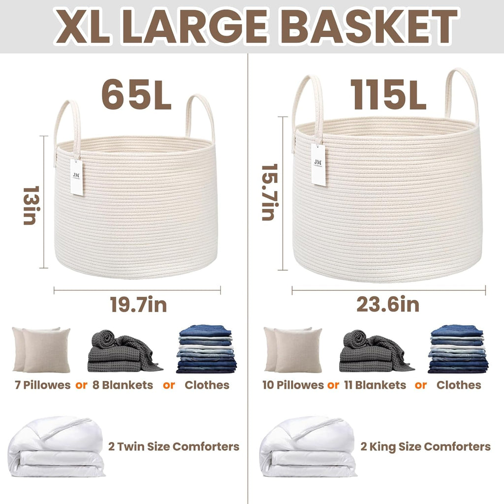 Woven Blanket Basket,65L Large Rope Storage Bin with Handles, Organizer for Blankets Toys Book and Clothes, Laundry Basket for Living Room Bedroom Nursery,White