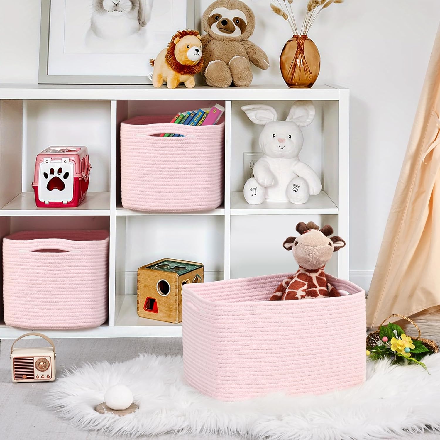 3-Pack Shelf Baskets for Organizing, Woven Storage Basket for Shelves, Cotton Rope Storage Bins for Toys Books, Nursery Towel Baskets for Classroom, 14.96"X9.8"X8.85", Pink