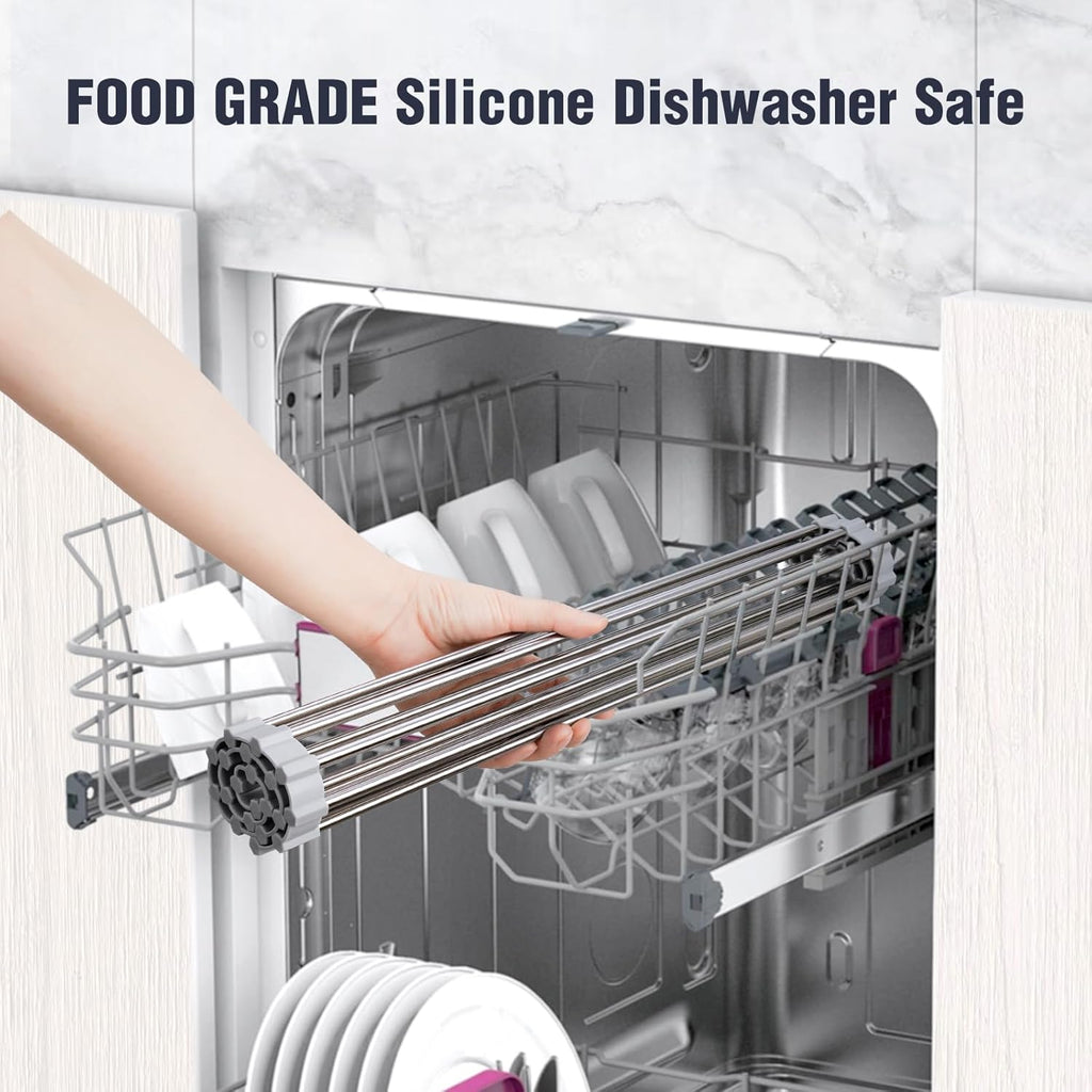 Tomorotec 17.7" x 12.5" Roll Up Dish Drying Rack Over Sink Drying Rack Sink Cover Kitchen Sink Accessories Gadget Multipurpose Organizer Foldable Stainless Steel Drainer