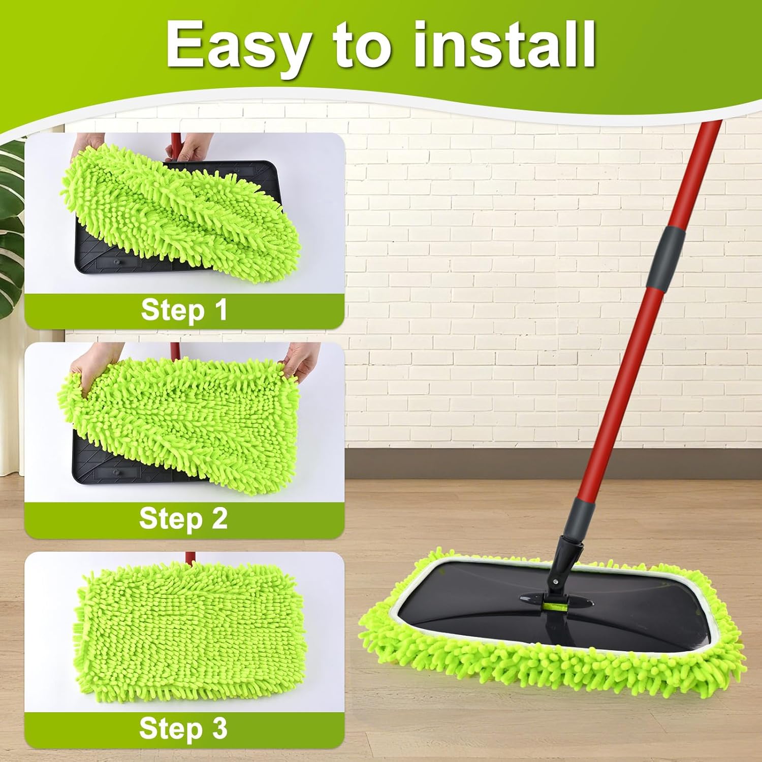 Mops for Floor Cleaning, Dust Mop for Hardwood Floors, Extra Large Floor Mop with Extendable Handle and 3 Reusable Chenille Mop Pads, Flat Dust Mops for Hardwood, Marble, Vinyl, Tile Floors Cleaning