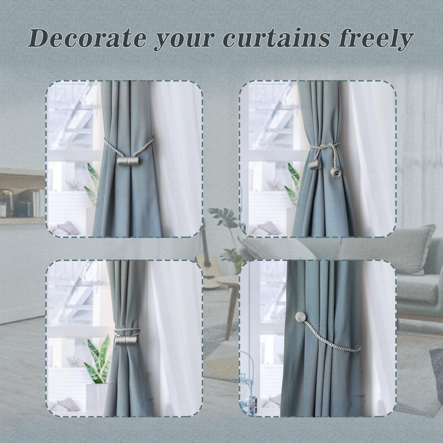 Hion Magnetic Curtain Tiebacks Gray Blue 2pcs, Curtain Tiebacks Buckles Holdbacks Holders Hooks Clip for Home Bedroom Office Decorative Curtain