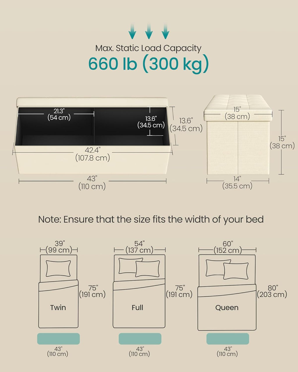 SONGMICS MAZIE Collection - 43 Inches Folding Storage Ottoman Bench, Ottoman Foot Rest, End of Bed Bench, Storage Chest, Load 660 lb, for Living Room, Bedroom, Entryway, Cream White ULSF77BE