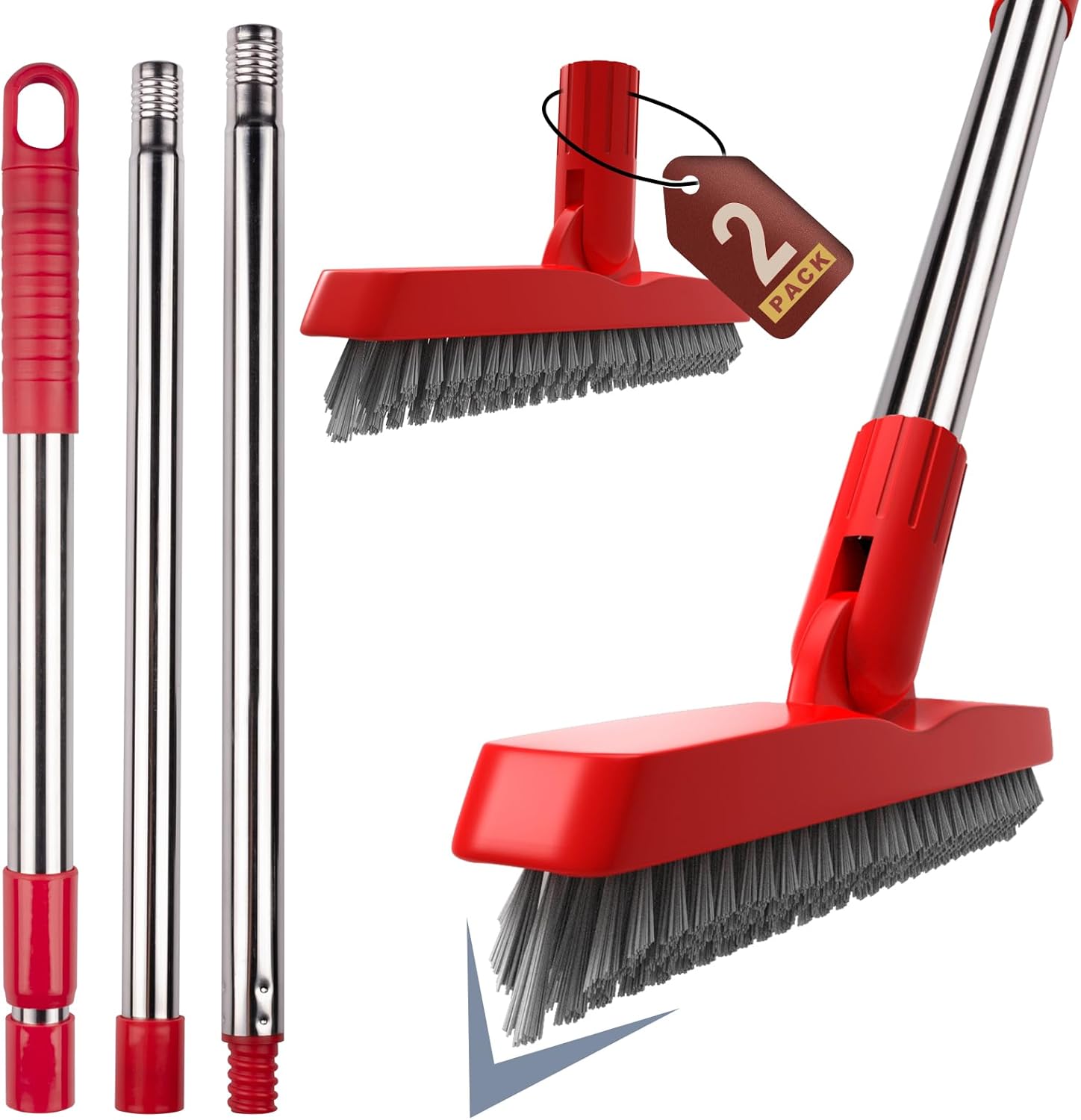 ITTAHO 2 Pack Grout Brush with Long Handle, Swivel Cleaning Grout Line Scrubber - Extendable Durable Handle Grout Cleaner Brush for Bathroom,Tile,Baseboard,Walk in Shower,Corner & Narrow Space (Red)