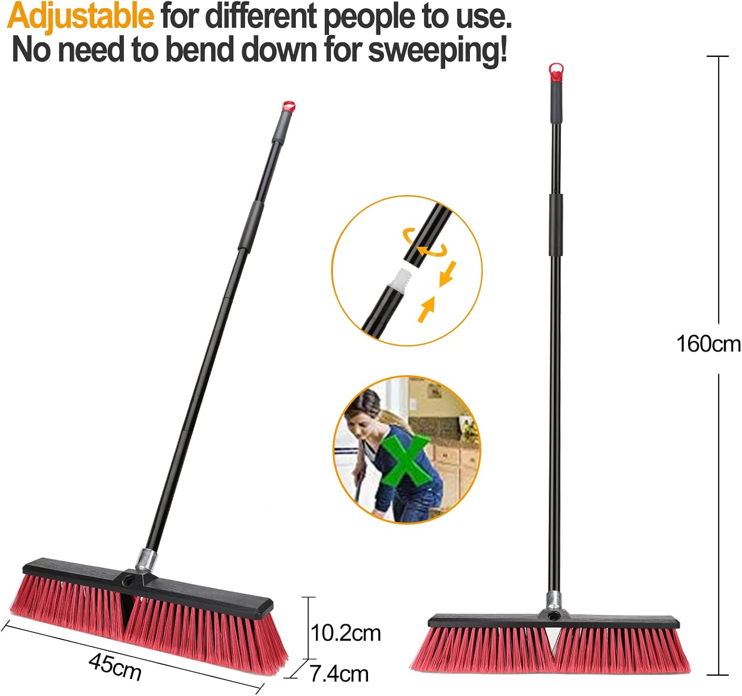 18 inches Push Broom Outdoor Garden Broom with 63" Long Handle for Deck Driveway Garage Yard Patio Concrete Floor Cleaning(Red)