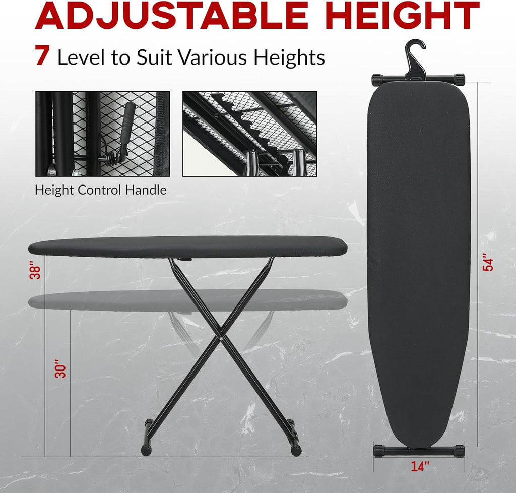 Ironing Board Full Size 53x13, RAINHOL Heavy Duty Iron Board with Thick Padded Cover, Height Adjustable Ironing Boards with Smart Hanger, Heat-Resistant Silicone Pad Iron Rest