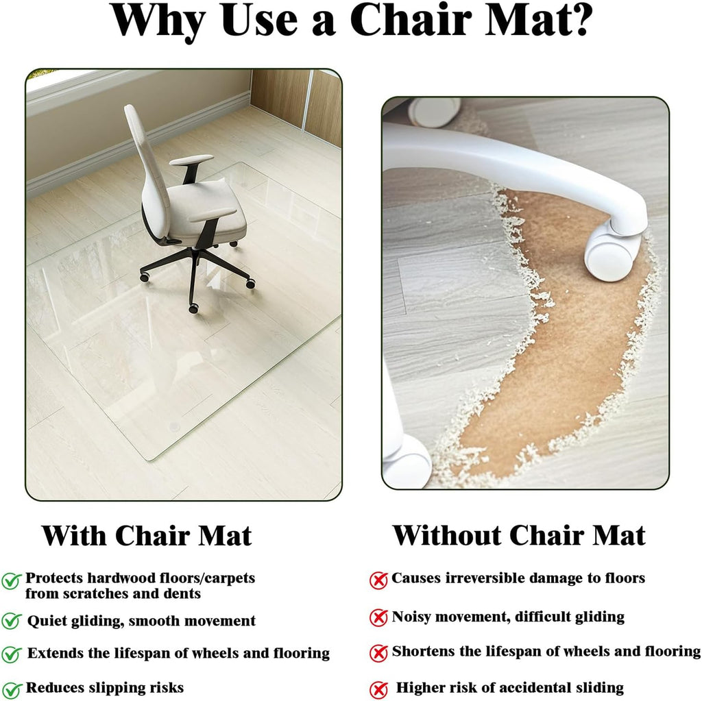 Koonmi Tempered Glass Chair Mat for Hardwood Floors & Carpets, 36" x 55“ Transparent Heavy Duty Office Floor Protector with Noise-Free Gliding Shatterproof for Home Office Desk