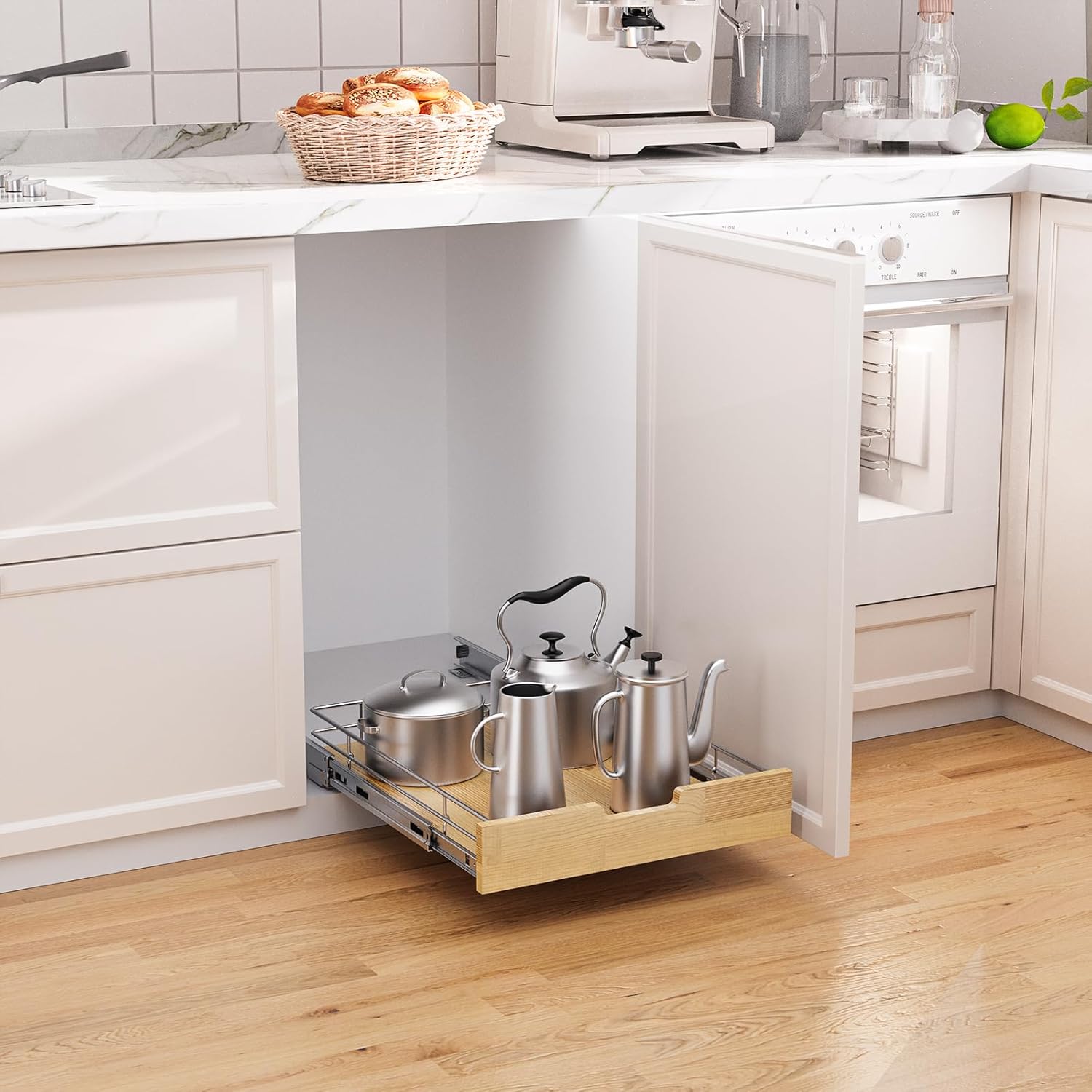 Pull Out Cabinet Organizer,Heavy-Duty Slide Out Shelf, Wood And Wire Basket, Pull Out Drawer for for Kitchen Under Sink Space, Pantry, Bathroom (23 * 21 WM)