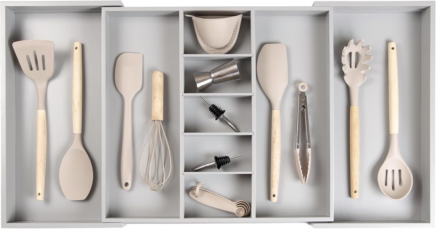 KitchenEdge Adjustable Kitchen Drawer Organizer for Utensils and Junk, Food-Safe Contract Grade with 100% Sustainable Wood, Expandable from 19 to 33 Inches Wide - Gray Bamboo