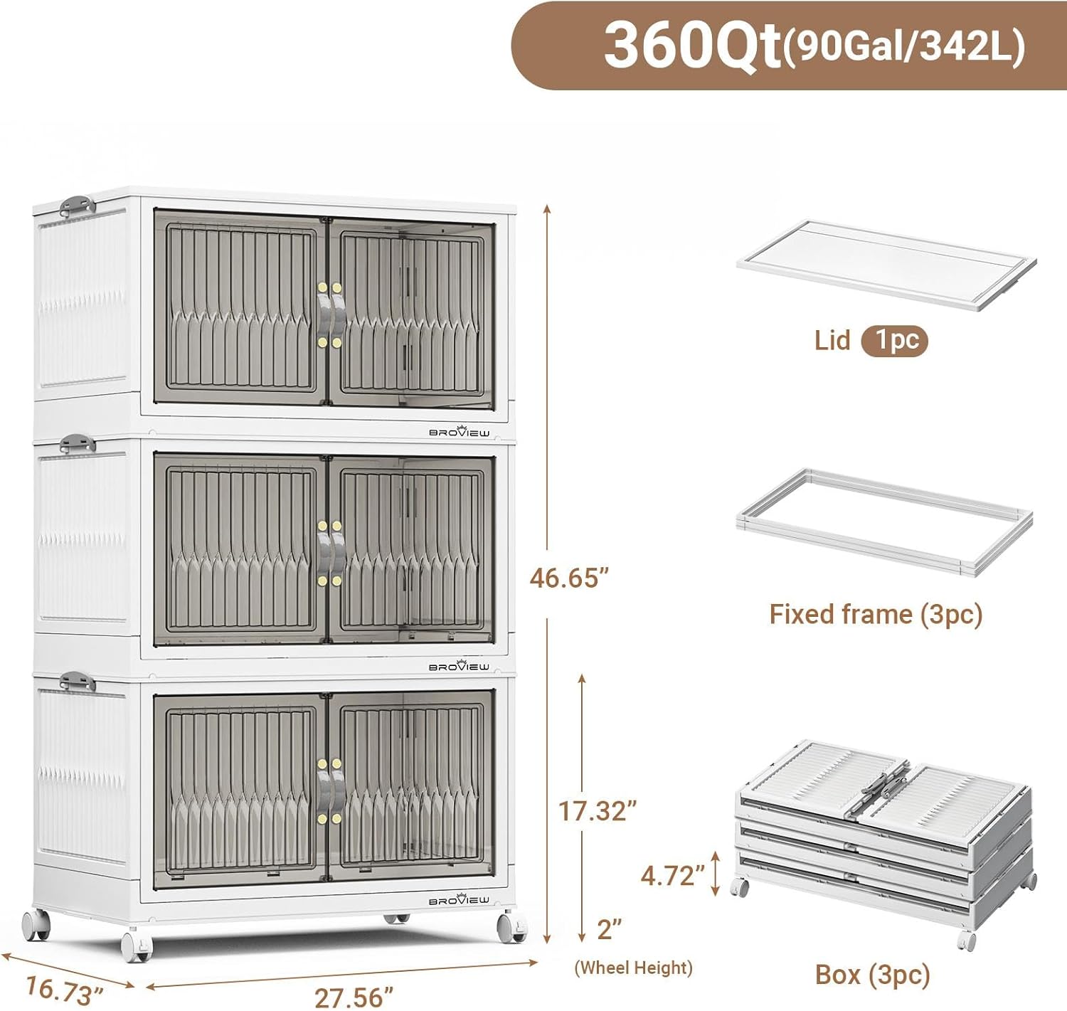 BROVIEW 360Qt Stackable Storage Bins with Lid, Extra Large Closet Organizer Collapsible Drawer Boxes with Wheels, Folding Plastic Cabinet Containers for Home Kitchen Room Organization, 3Pack White