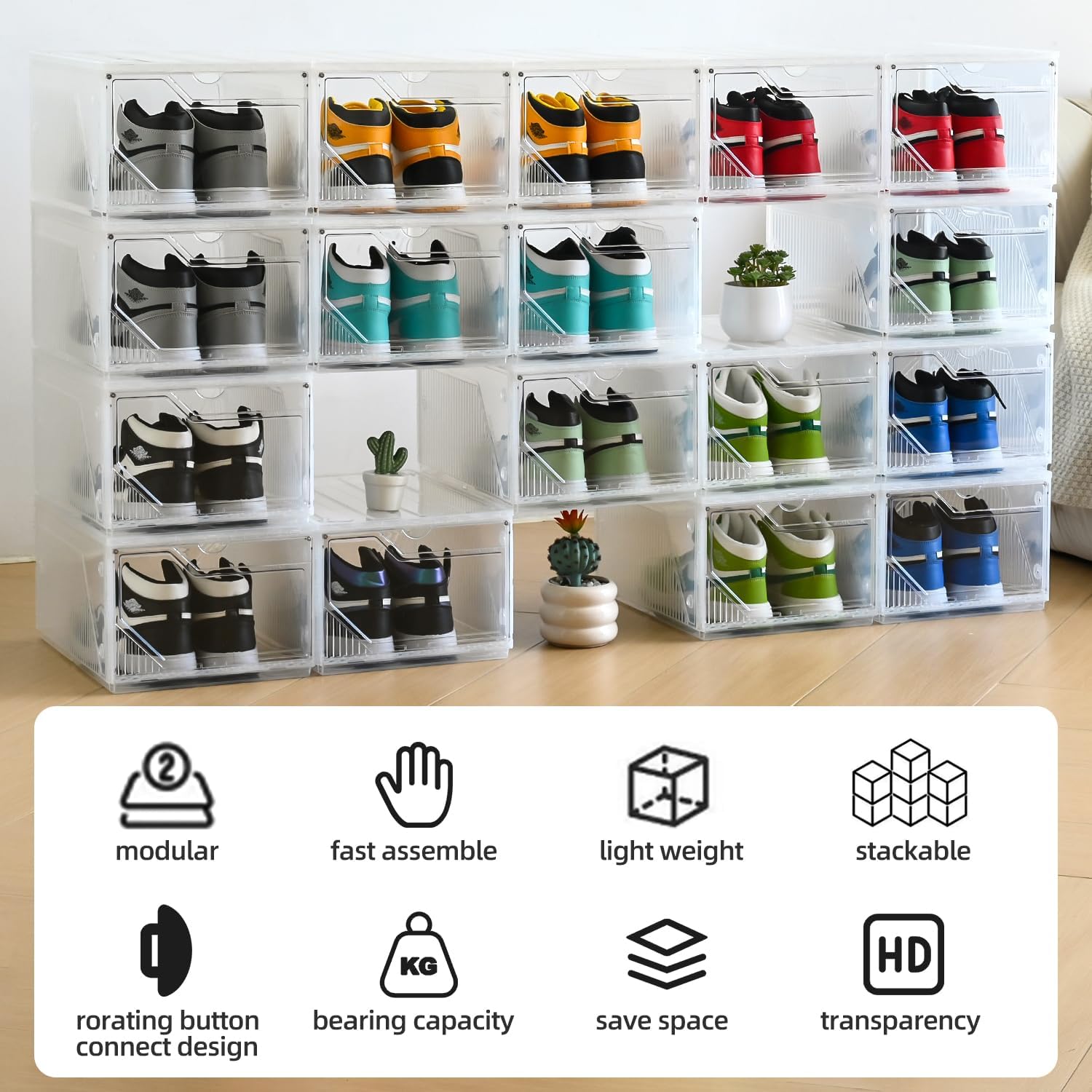 Modular XX-Large Shoe Organizer,Shoe Storage Organizer,10 Pack Shoe Box Clear Plastic Stackable,Drop Front Shoe Box with magnetic Door, Containers For Sneaker,Fit up to US Size 15