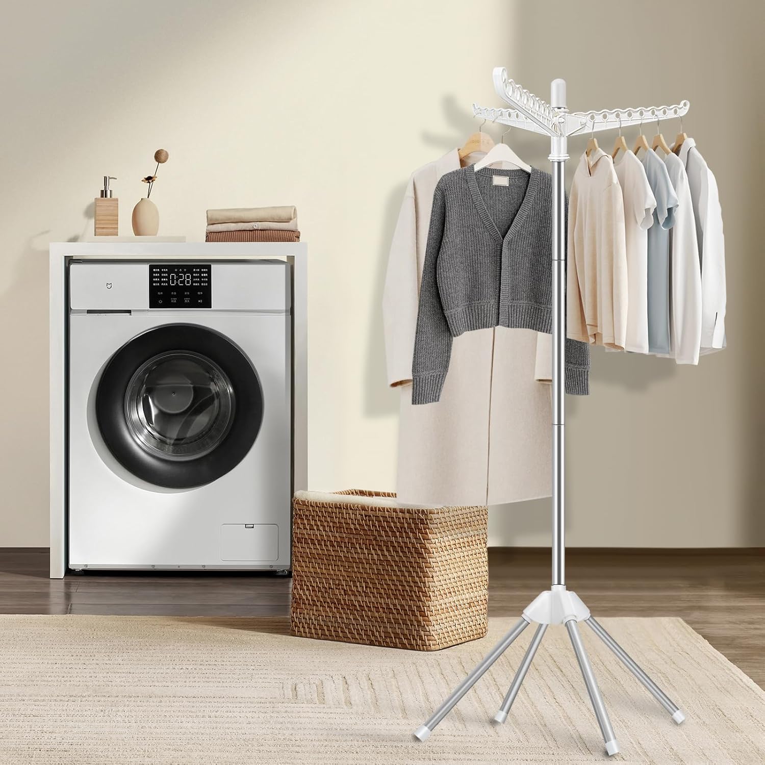 SUYU Clothes Drying Rack, Foldable Drying Rack Clothing, Laundry Drying Rack, 59-Inch Indoor Clothes Airer with 3 Rotatable Arms, Stainless Steel,4 Legs,White and Silver SNJ101