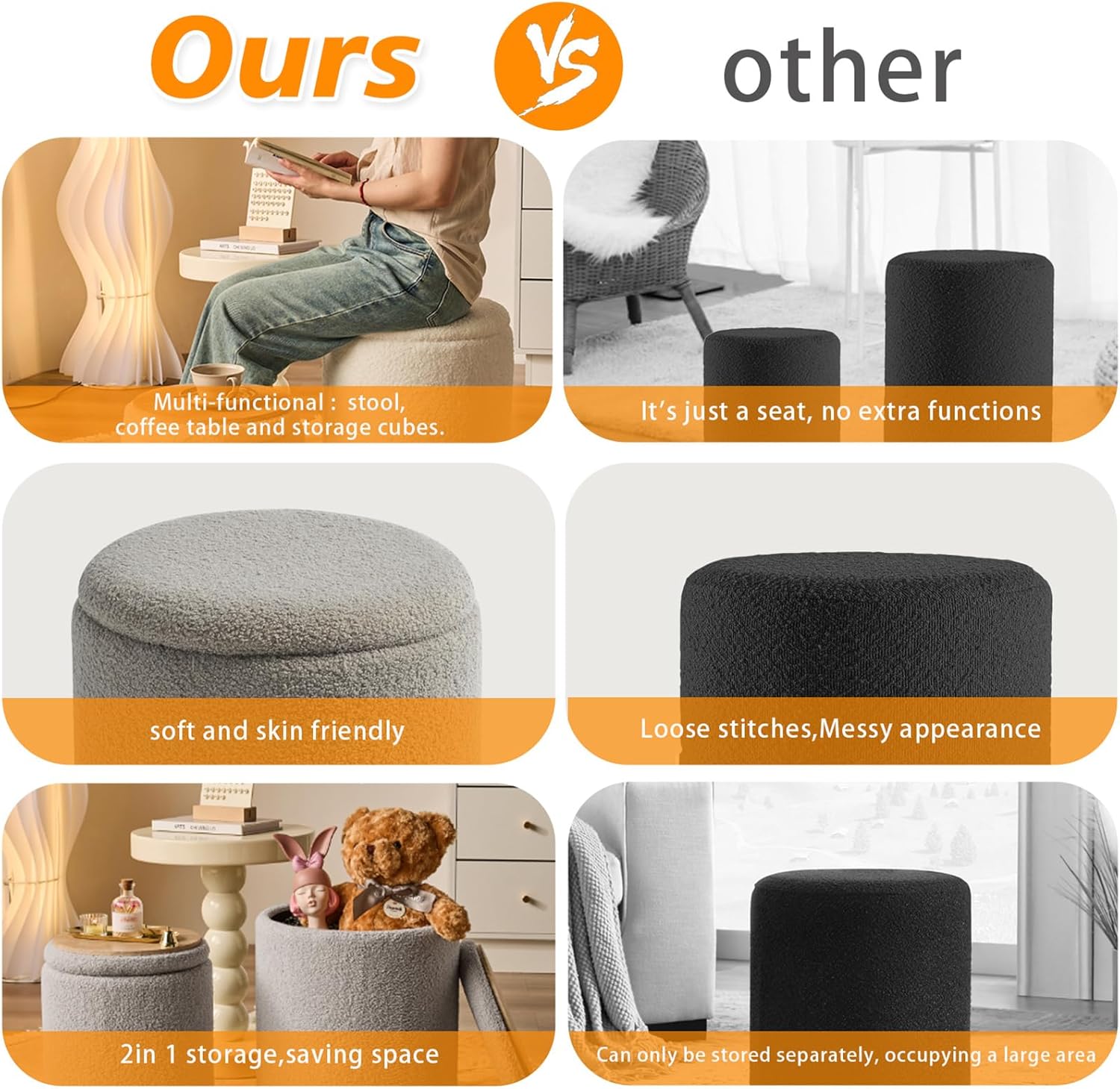 Round Ottoman with Storage Set of 2-Upholstered Sherpa Vanity Stool for Makeup Multifunctional Ottomans Coffee Table Padded Seat Foot Rest for Living Room&Bedroom(Sherpa Gray)