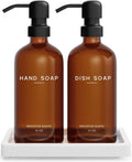 Amber Glass Hand and Dish Soap Dispenser Set by Brighter Barns - Kitchen Soap Dispenser Set with Tray for Kitchen, Airbnb, Vacation Rental or Restaurant - Modern Kitchen Decor & Accessories (Amber)