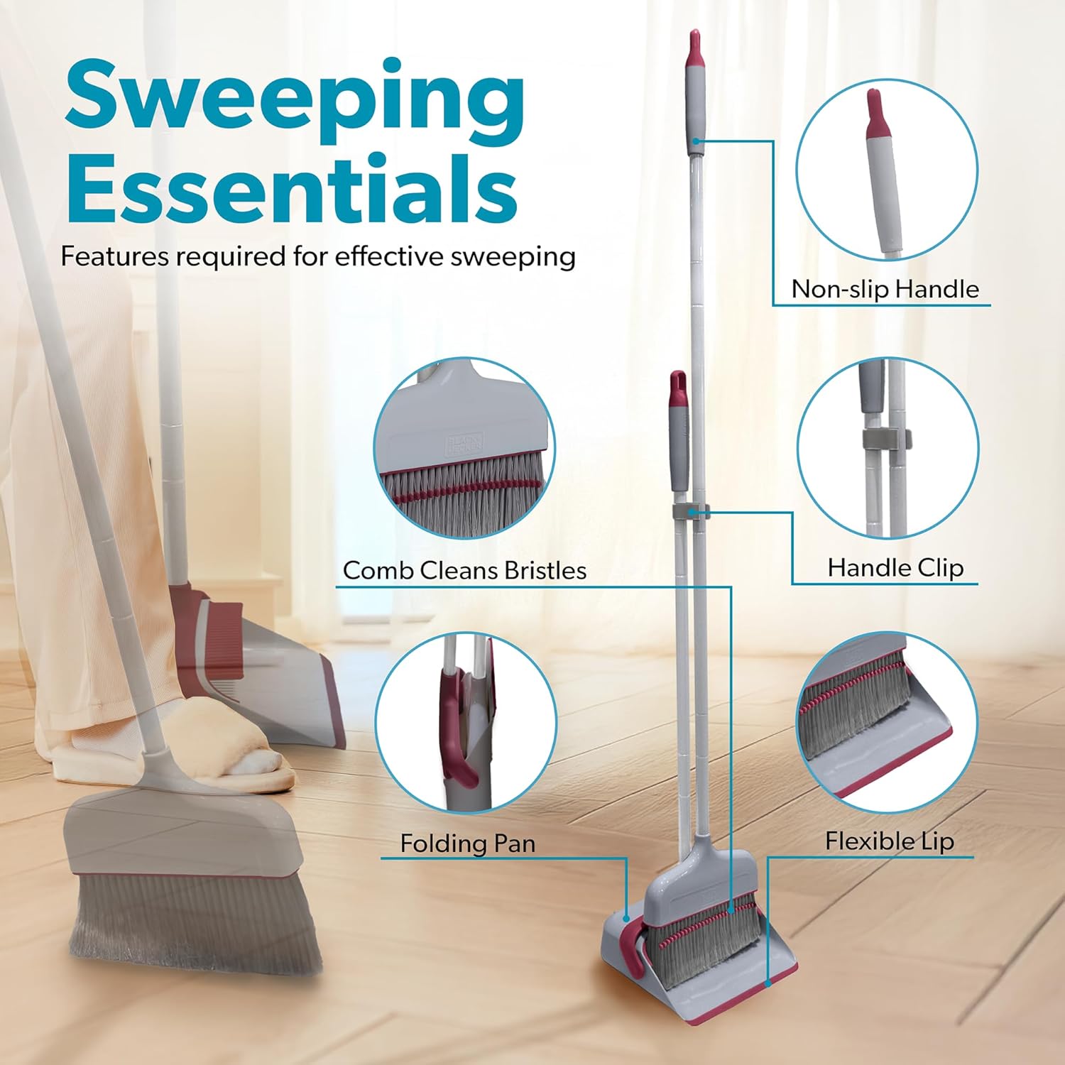 BLACK+DECKER Butler Broom & Dustpan Set - Stand-Up Design - Lightweight, Space-Saving Combo for Kitchen, Living Room, Bathroom, Lobby Floors - Home Cleaning Essential, Light Gray/Burgundy