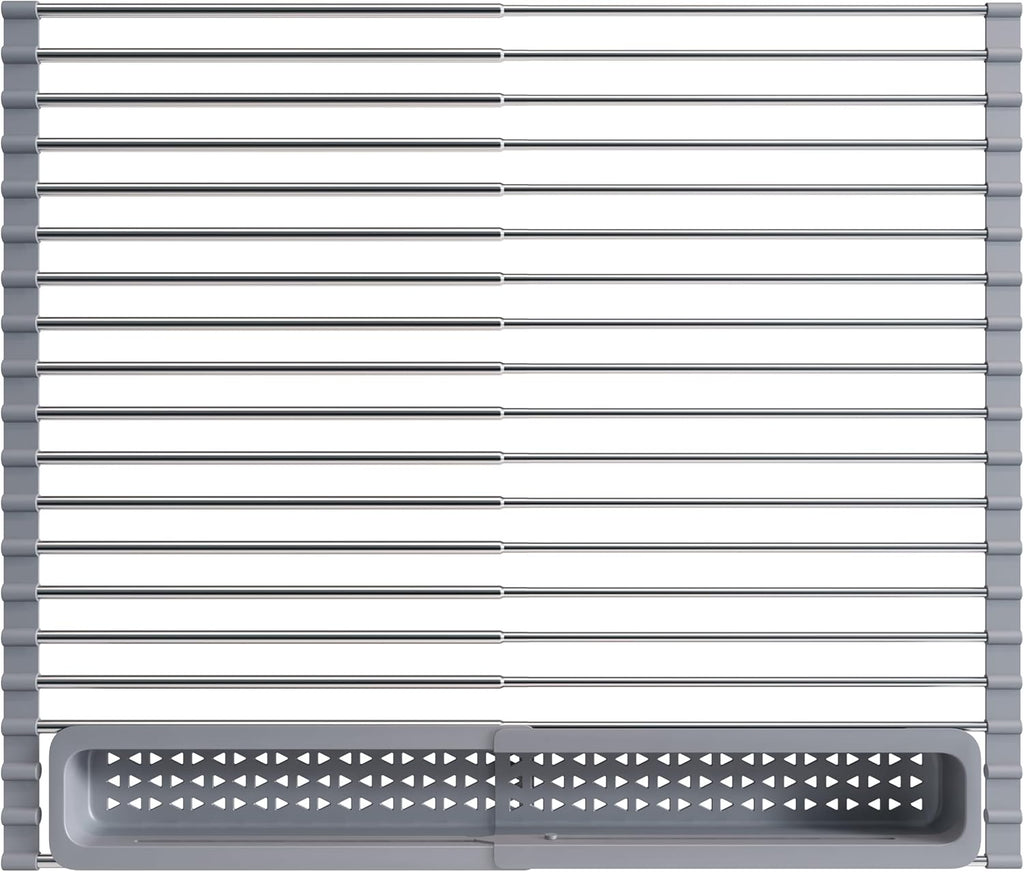 JASIWAY Over The Sink Dish Drying Rack for Kitchen, Expandable (12.8"-23.8" D x 15.5" W) Roll Up Dish Drainer with The Function of Fordable, Rust Proof, Large Sink Cover with Removable Utensil Holder