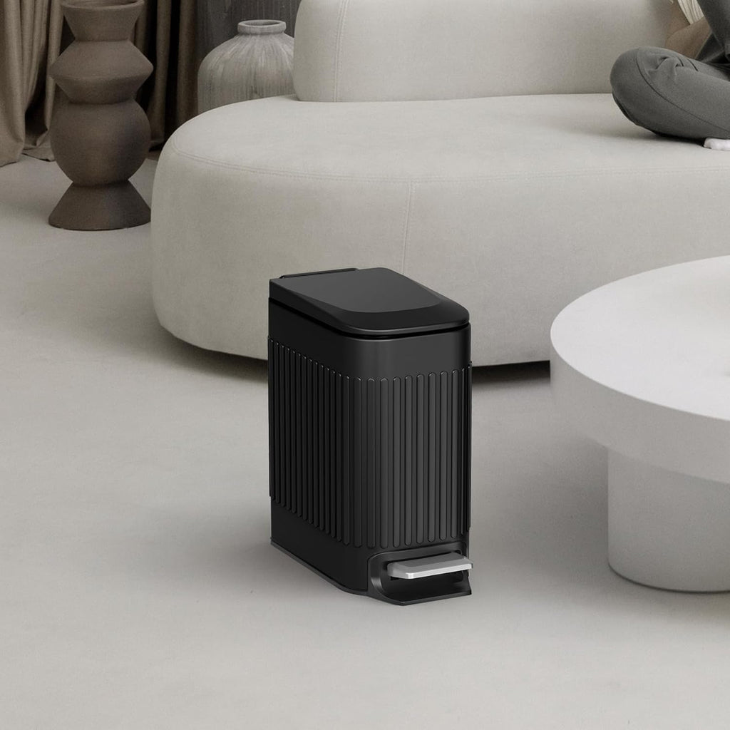TrashAid Small Black Bathroom Trash Can with Lid Soft Close, 6 Liter / 1.6 Gallon, Stainless Steel Garbage Can with Removable Inner Bucket, Step Pedal, Slim Wastebasket for Toilet, Office, Bedroom