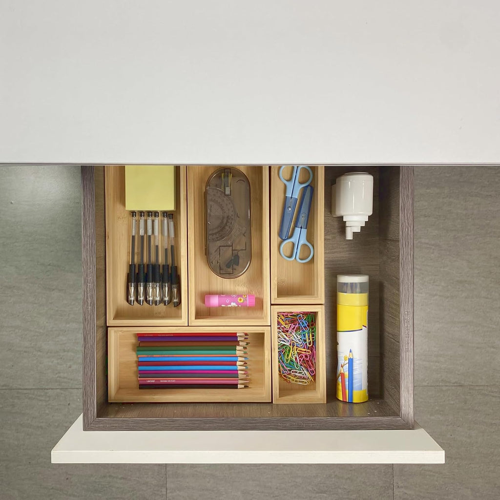 bamboo drawer organizer Set，expandable drawer dividers,wooden storage organizers,large trays for kitchen, bathroom,flatware,Tea Bag Organizer (1 X 5PCS Natural)
