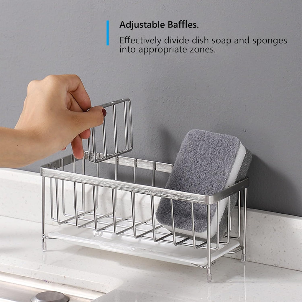 Kavciva Sink Caddy Sponge Holder,304 Stainless Steel Dish Brush Holder,Kitchen Countertop Sink Rack,Dish Soap Holder,Dishwashing Tool Drying Tray with Adjustable Partitions,Essential Kitchen Shelves