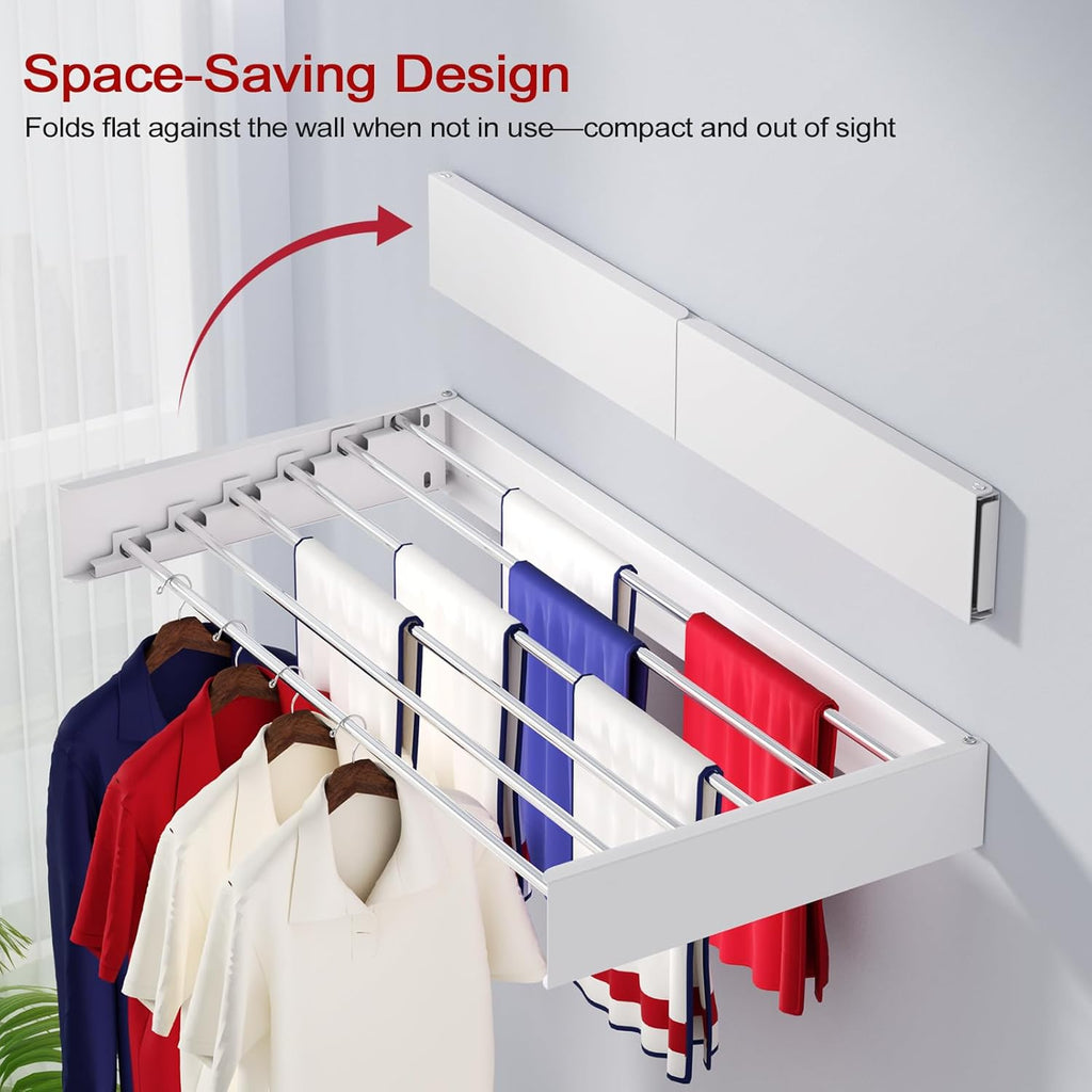 Wall Mounted Drying Rack 40", Foldable Laundry Drying Rack with Stainless Steel Rods, Retractable Laundry Space Saver for Indoor & Outdoor Use, Include Wall Template