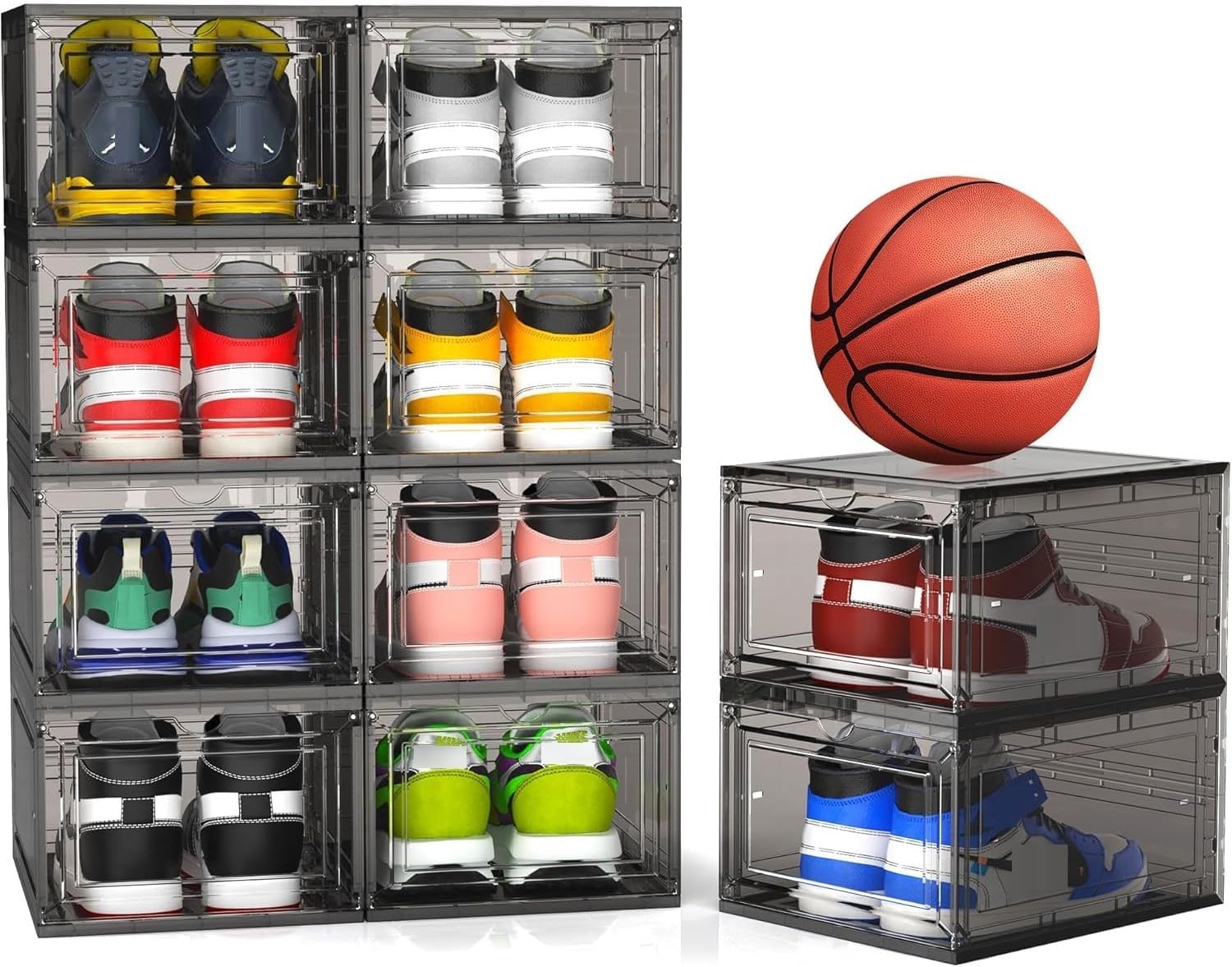 Mitees 10 Pack XX Large Thicken Sturdy Hard Plastic Clear Stackable Shoe Storage Boxes for Size 12, Sneaker Shoe Rack Containers Holders Bins Display Case Organizer for Closet, Grey02