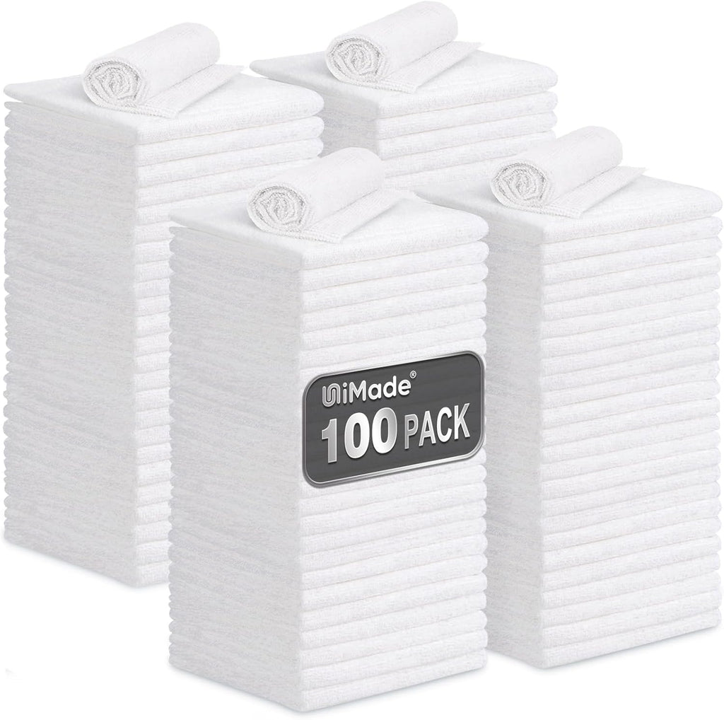 Shop Towels, 100 Pack Commercial Grade Work Rags Microfiber Towels for Cars Cleaning Rags Bulk Detailing Cloth for Automotive Bar Mechanic Restaurant Garage Housekeeping, 11.5"x 11.5", White