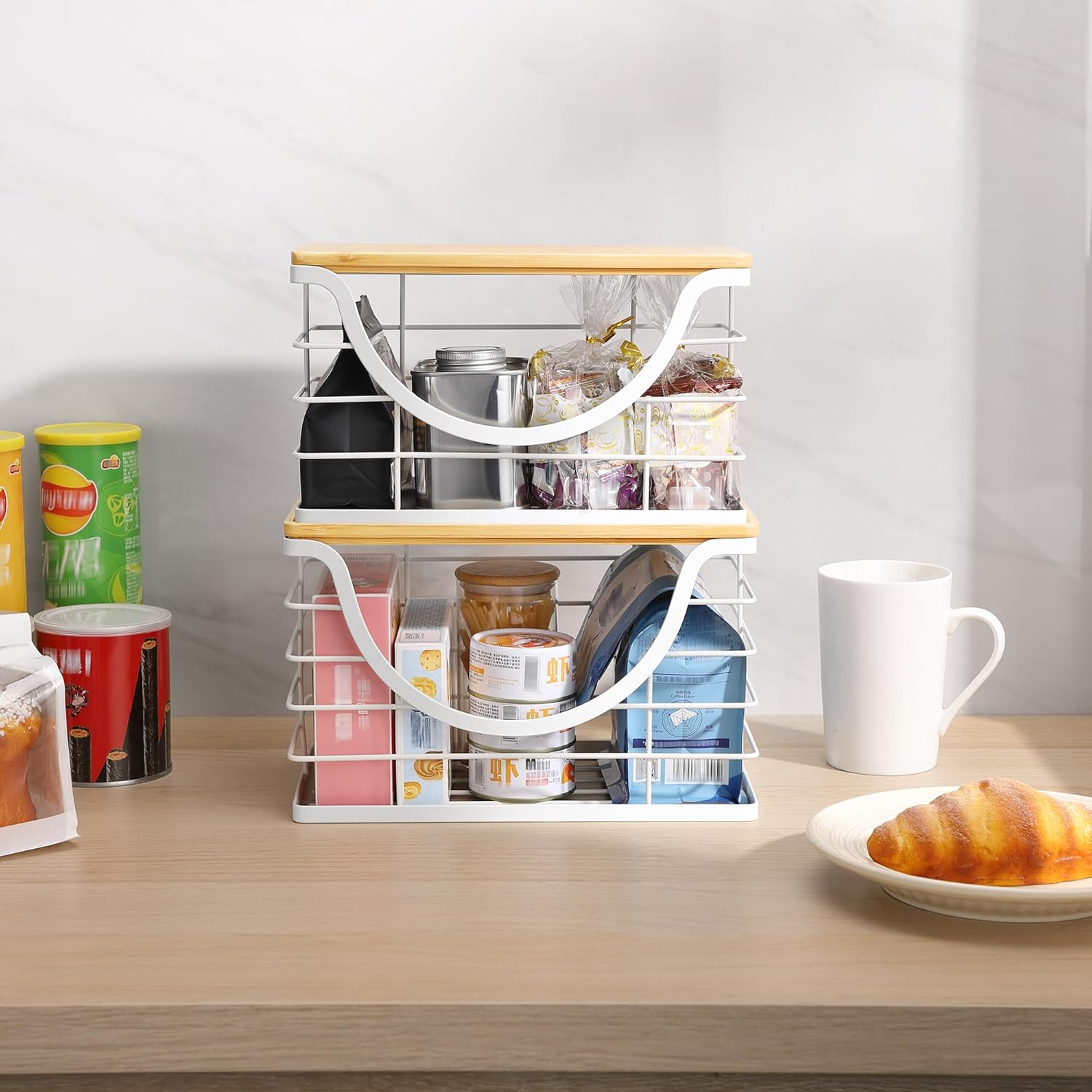 Extra Large Trash Bag Holder Stackable Kitchen Storage White, 2 Pack Wall Mounted Pantry Organizers and Storage with Bamboo Top, Garbage Bag Dispenser Under Sink for Laundry Room and Kitchen