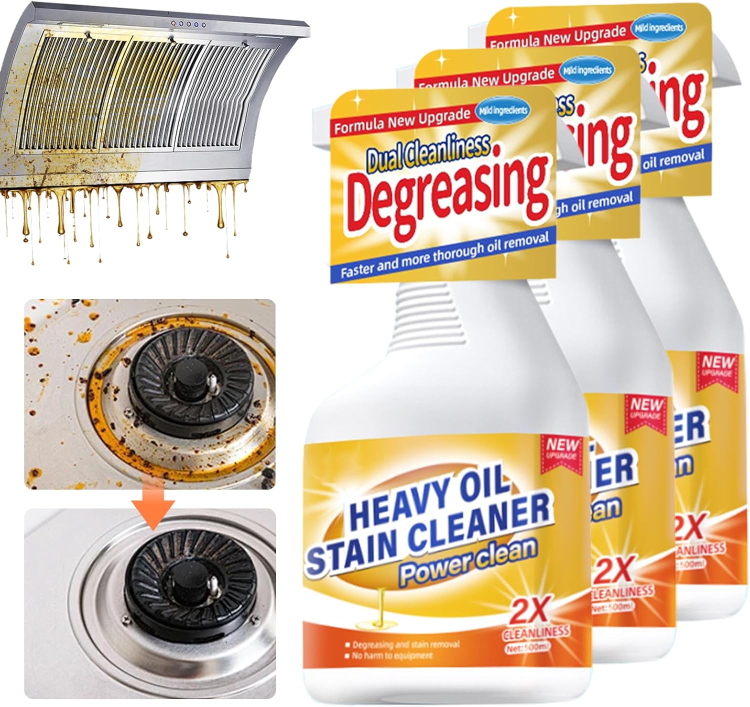 Kitchen Heavy Oil Cleaner, 2025 Newly Upgraded Heavy Duty Oil Stain Remover, 500 ML Multipurpose Cleaner Spray, Kitchen Degreaser Spray for Stovetops, Ovens, Range Hoods (3)