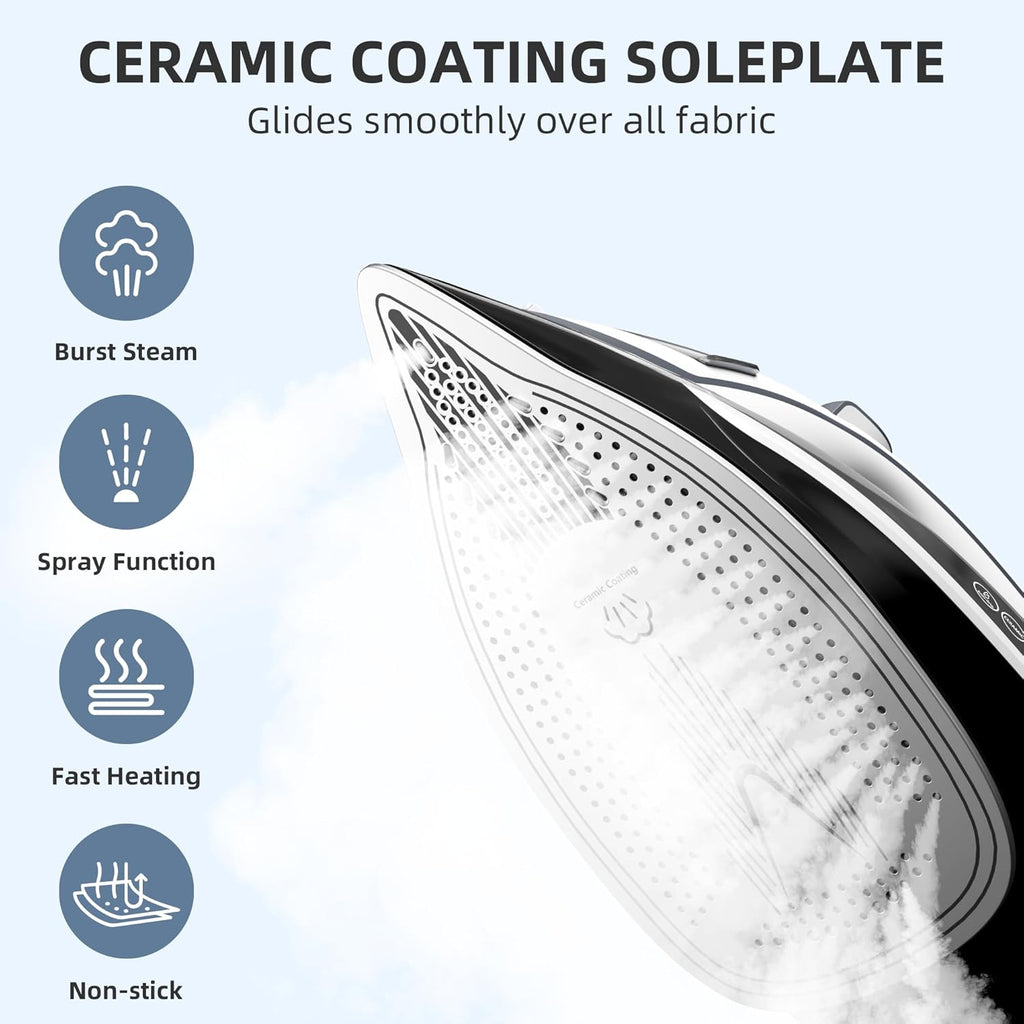 Steam Iron for Clothes Rapid Heating, 1700W Iron with Non-Stick Ceramic Soleplate, 3-Way Auto-Off, Burst of Steam, Self-Cleaning, 14.07oz Water Tank Ironing Clothes for Home, Grey