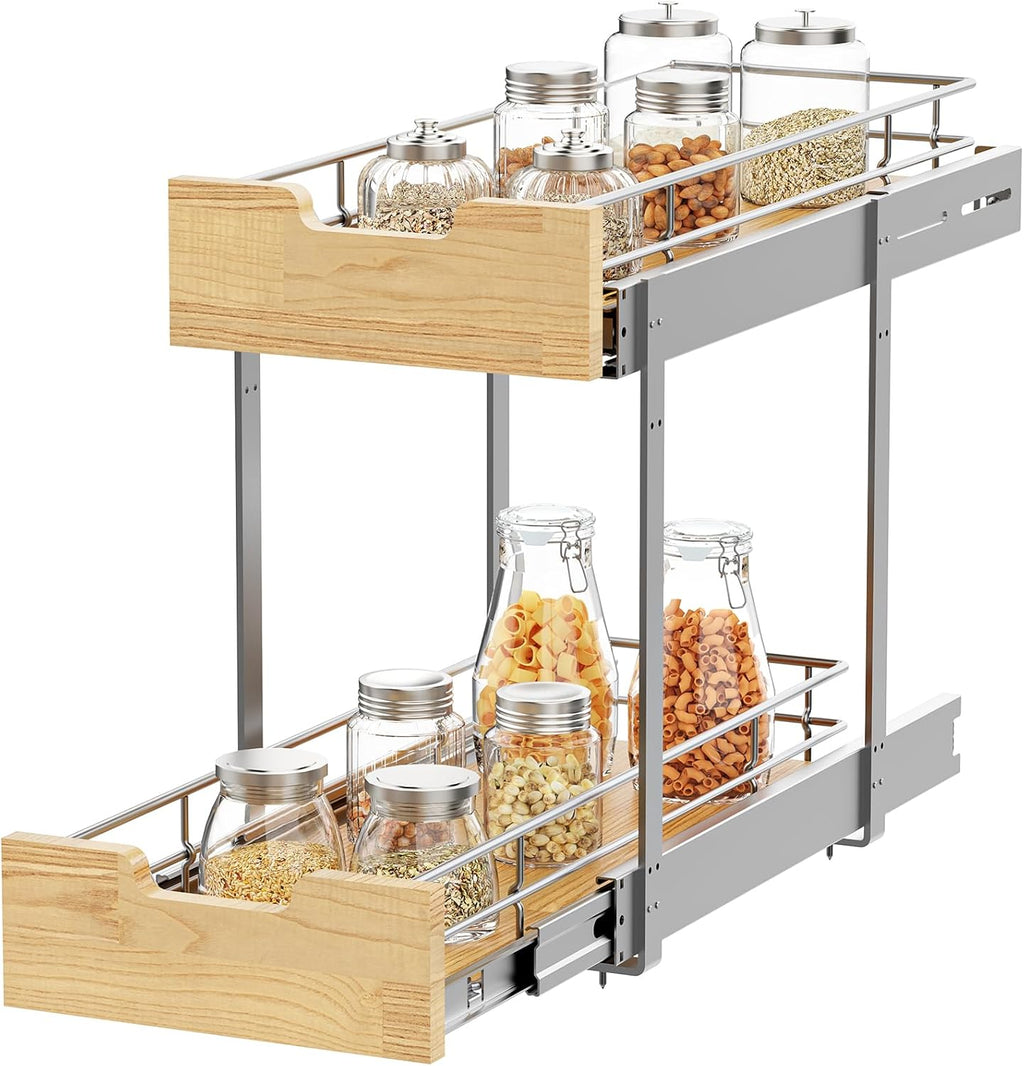 Pull Out Cabinet Organizer,Heavy-Duty Slide Out Shelf, Wood and Wire Basket, Pull Out Drawer for for Kitchen Under Sink Space, Pantry, Bathroom, 2 Tie 9 * 21 in
