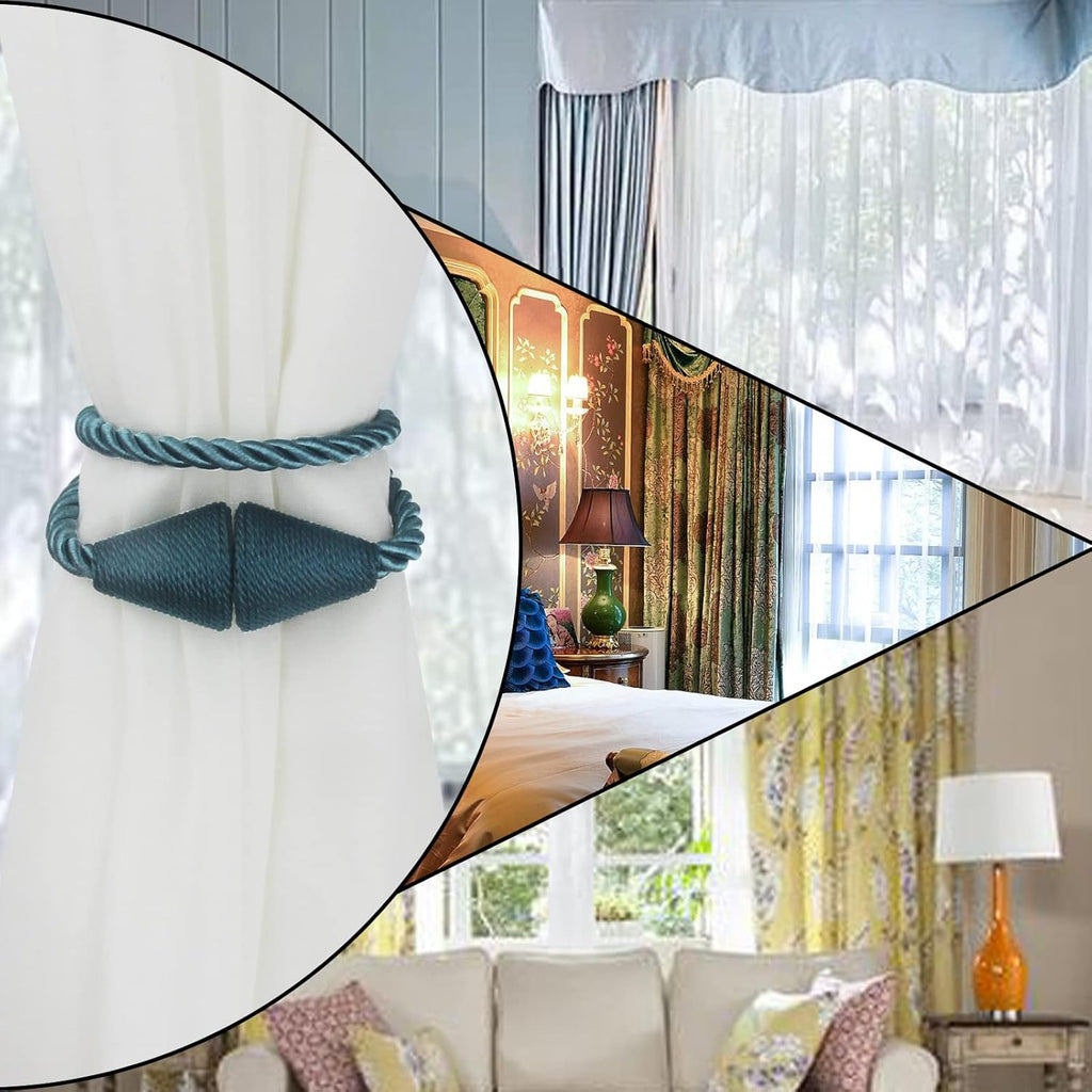 6 Pack Magnetic Curtain Tiebacks Rope Modern Handmade Curtain Tie Backs Decorative Drapes Weave Holdbacks for Window Décor, Blue