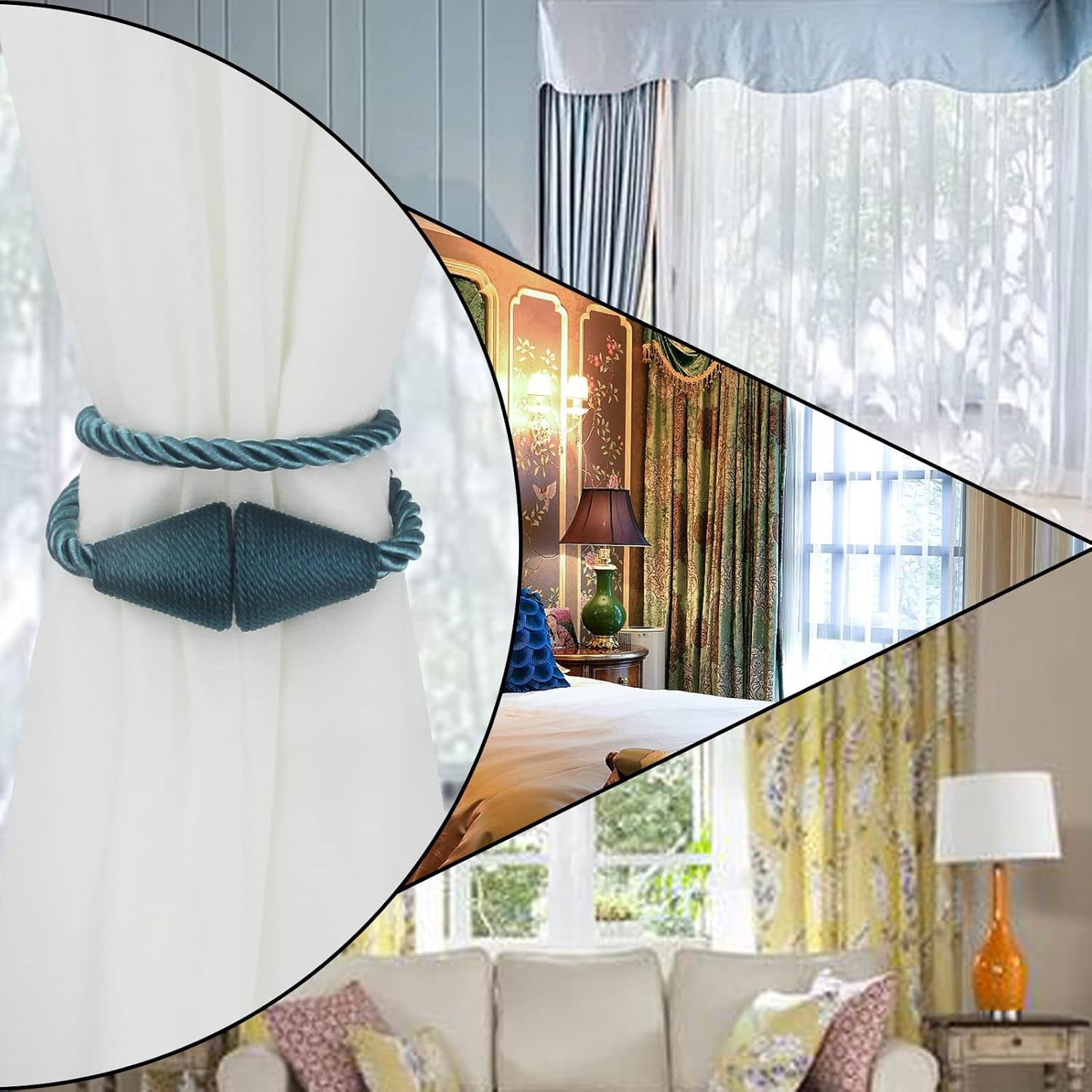 6 Pack Magnetic Curtain Tiebacks Rope Modern Handmade Curtain Tie Backs Decorative Drapes Weave Holdbacks for Window Décor, Blue