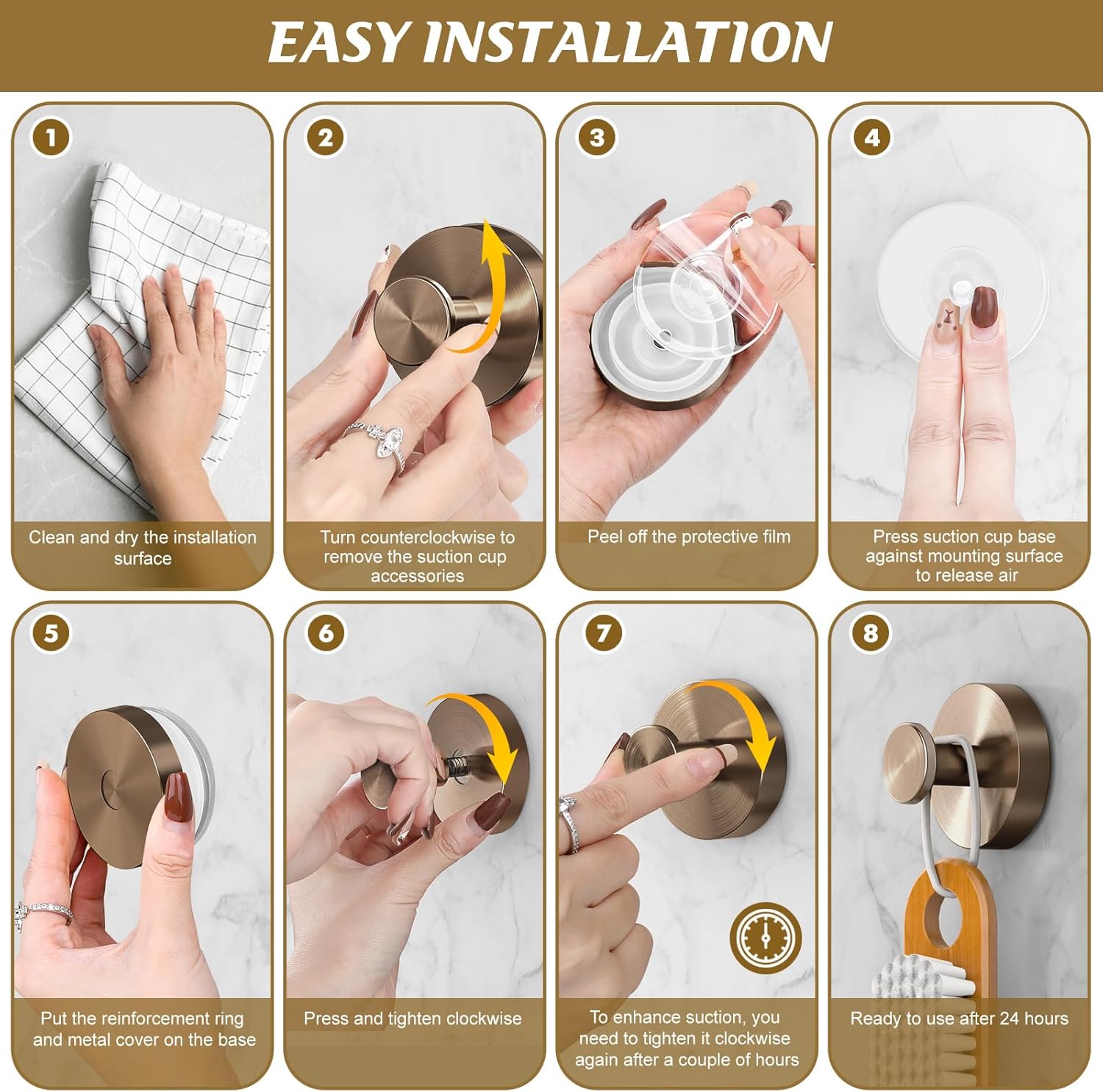 Suction Cup Hooks for Shower,2Pcs Shower Towel Suction Hooks,No Drill Towel Hooks for Bathroom Wall,Kitchen,Glass,Mirror,Tile to Hang Towels,Robes,Loofah-Champagne Bronze