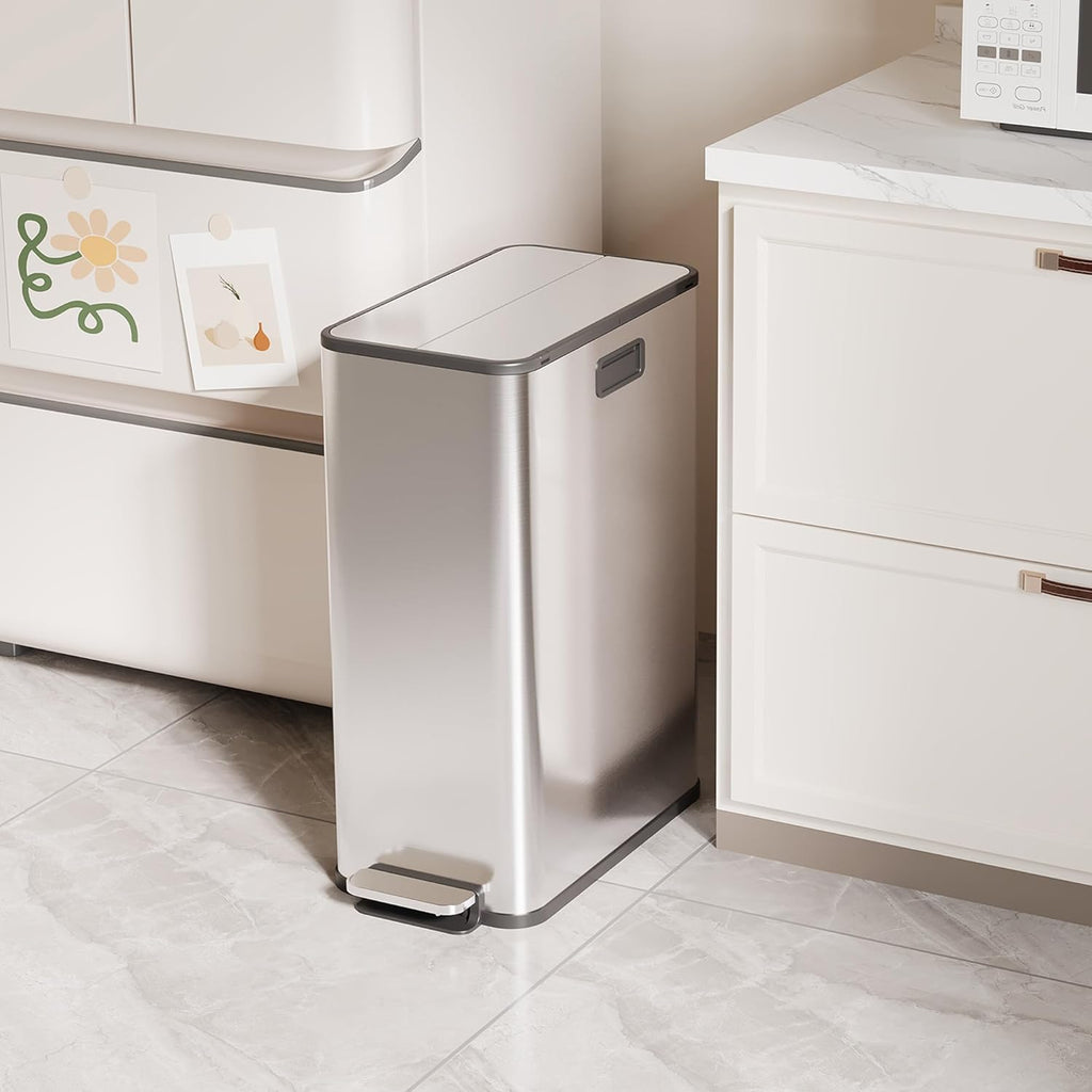2 x 7.4 Gal (2 x 28L) Slim Trash Can, Stainless Steel Dual Compartment Step-On Recycling Bin with Butterfly Lids & Removable Plastic Inner Buckets for Kitchen, Home, Office