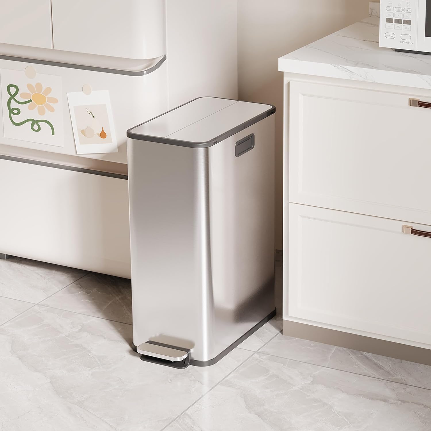 2 x 7.4 Gal (2 x 28L) Slim Trash Can, Stainless Steel Dual Compartment Step-On Recycling Bin with Butterfly Lids & Removable Plastic Inner Buckets for Kitchen, Home, Office