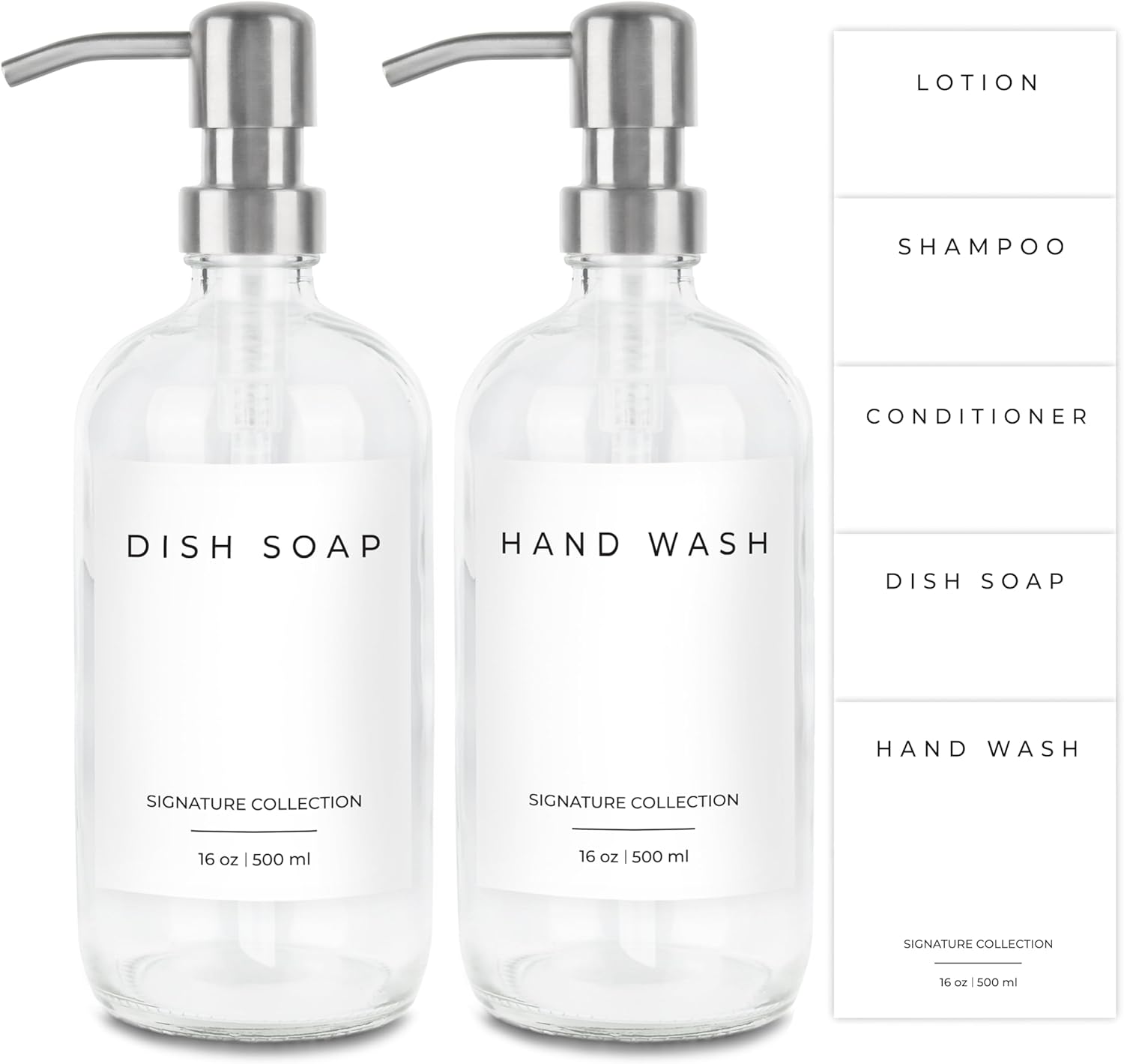 Emerson Essentials Soap Dispenser for Kitchen, Dish Dispenser for Kitchen, Bathroom Hands Set, Glass Bottles with Pump and Labels - 16 Oz, 2 Pack