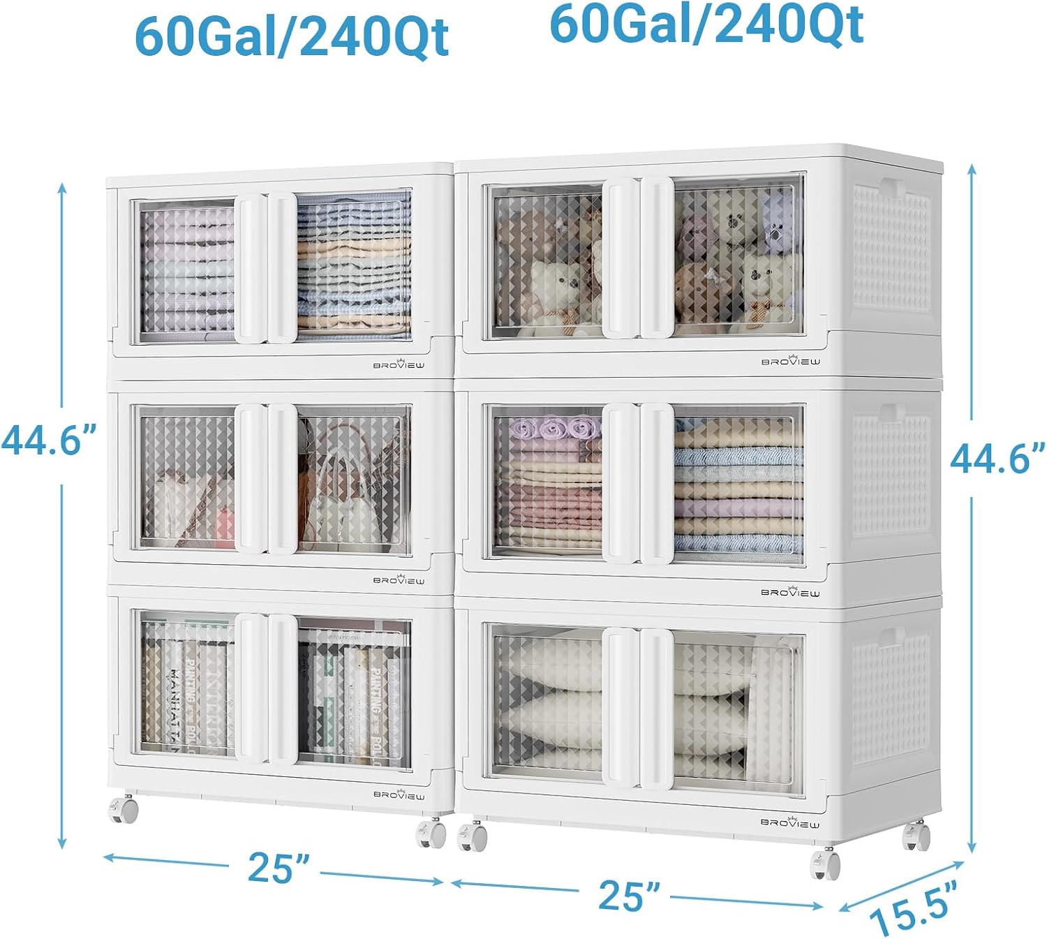 BROVIEW 120Gal Stackable Storage Bins with Lids & Wheels, 480Qt Plastic Collapsible Closet Organizer and Storage Drawers, Storage Boxes Cabinets for Home, Office, 6 Pack, White